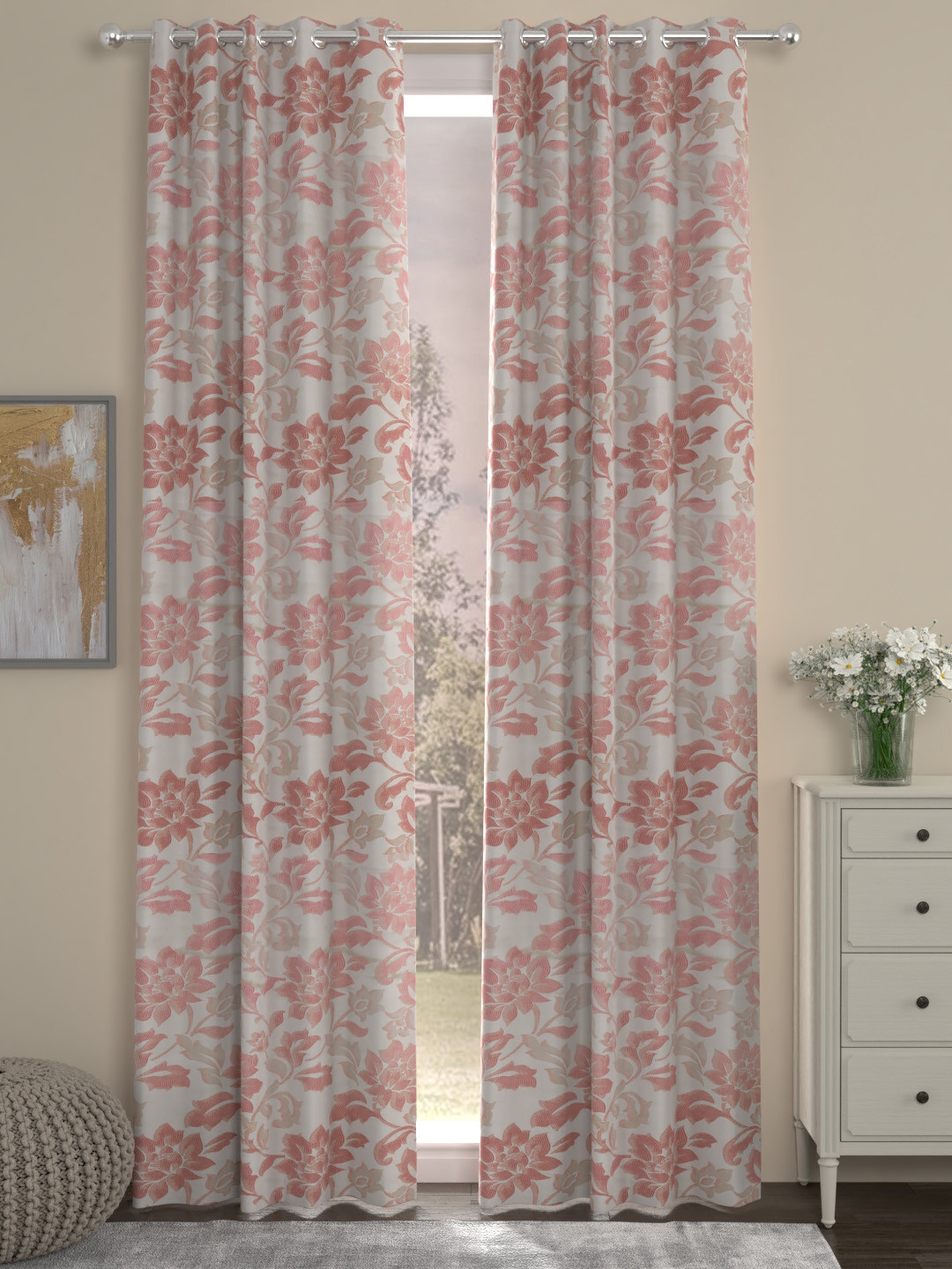 ROSARA HOME Pink & Off-White Set of 2 Jacquard Door Curtains