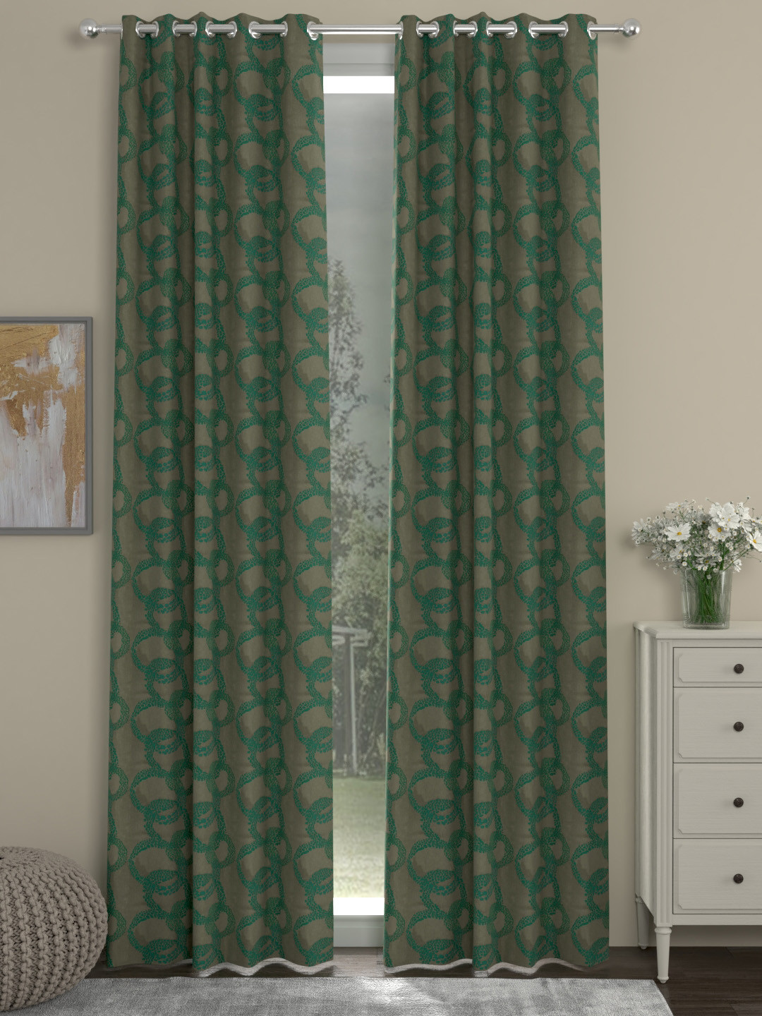 ROSARA HOME Green & Brown Set of 2 Door Curtains