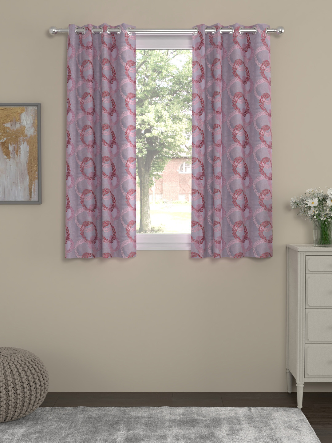 ROSARA HOME Red & Grey Set of 2 Window Curtains