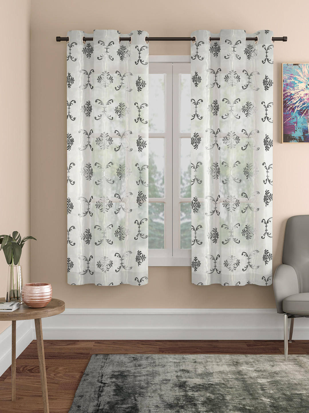 ROSARA HOME Silver-Toned & White Set of 2 Window Curtains