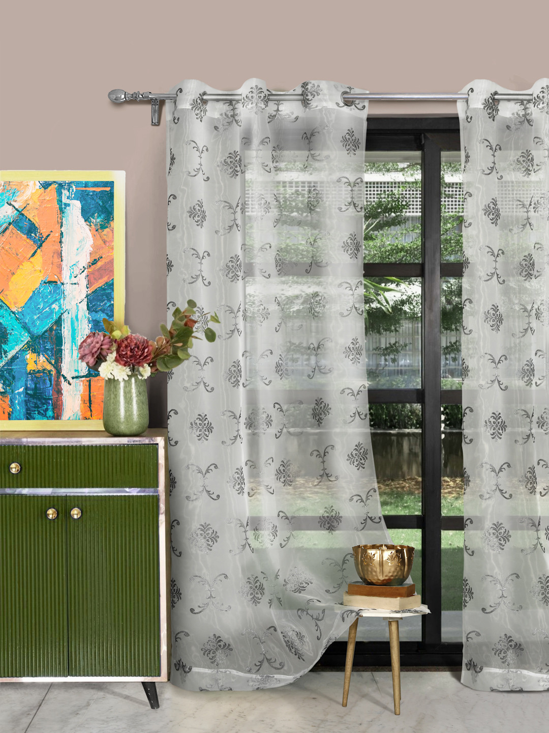 ROSARA HOME Silver-Toned & White Set of 2 Door Curtains