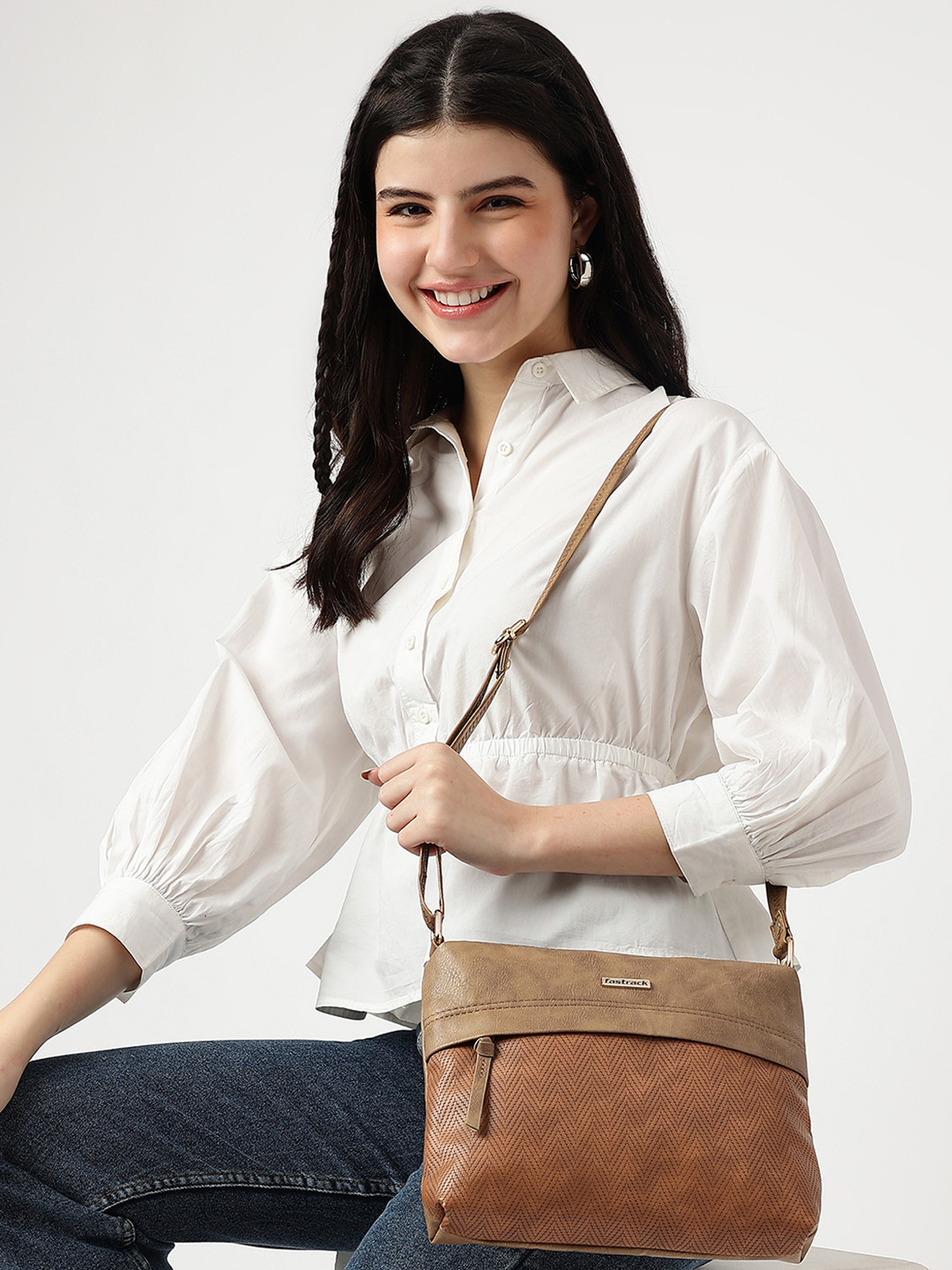 Fastrack Tan Brown Textured Sling Bag