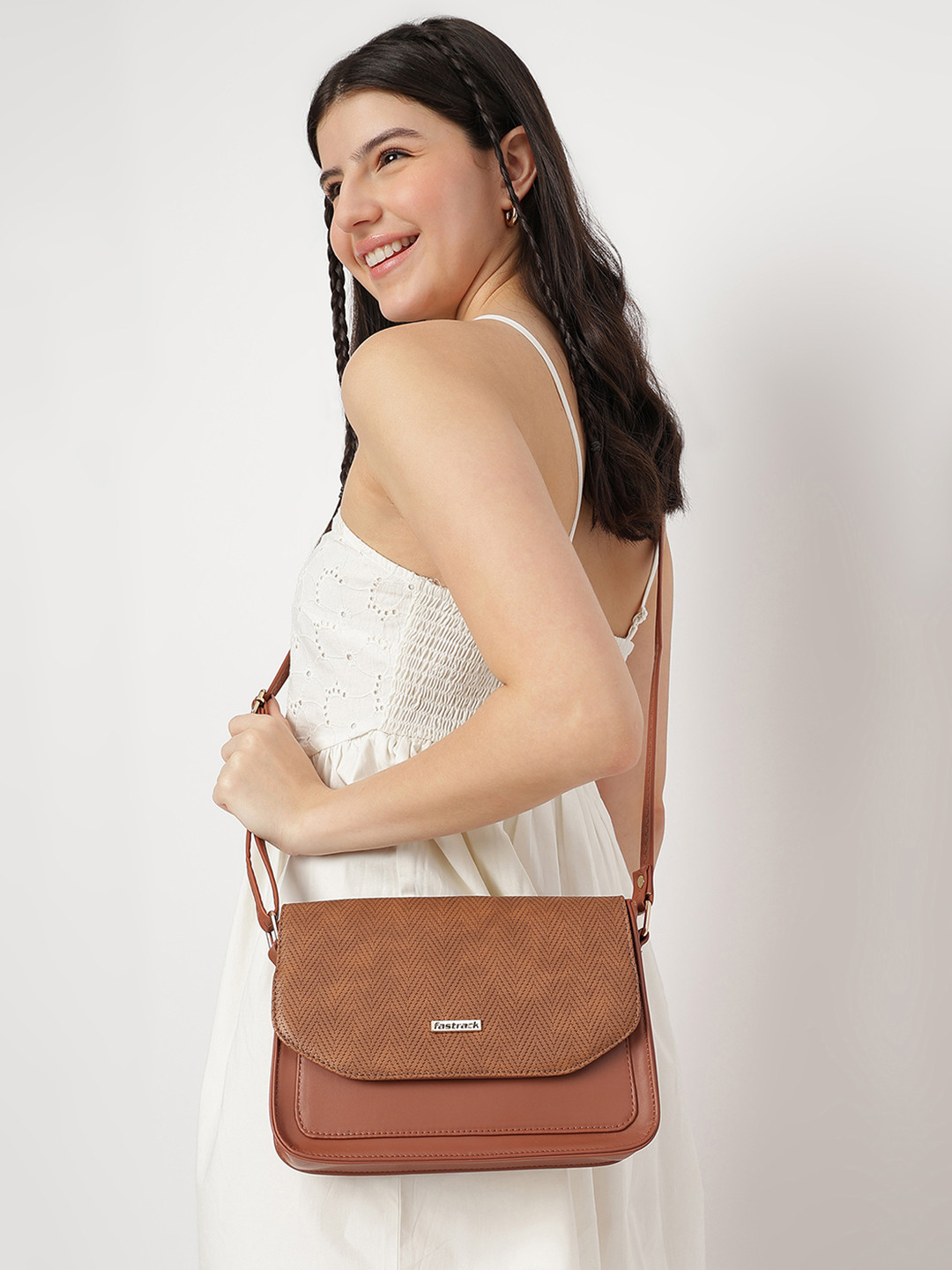 Fastrack Women Textured Tan Flap Sling Bag