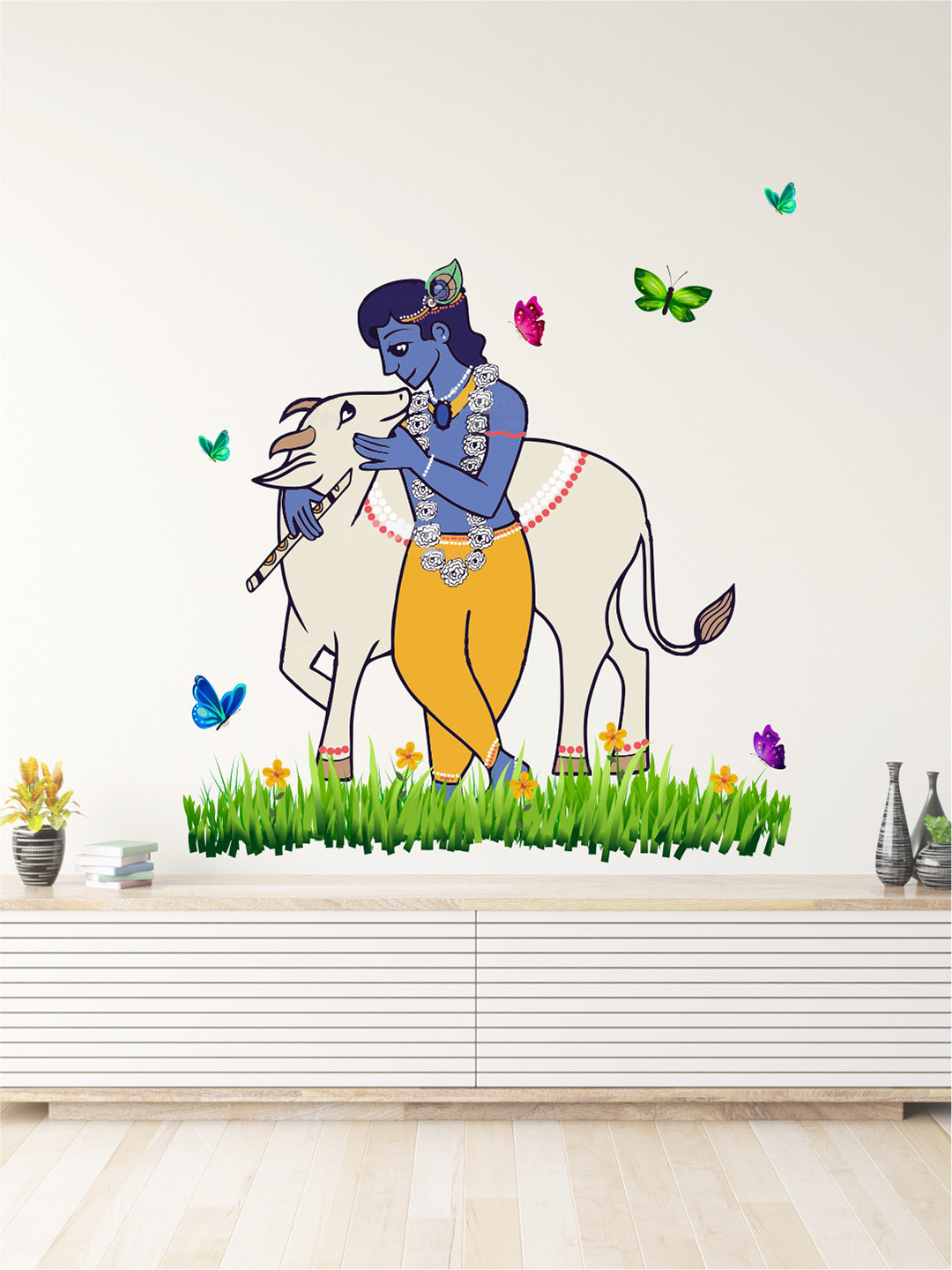 rawpockets Multicolour Lord Krishna and Cow Nature Wall Stickers
