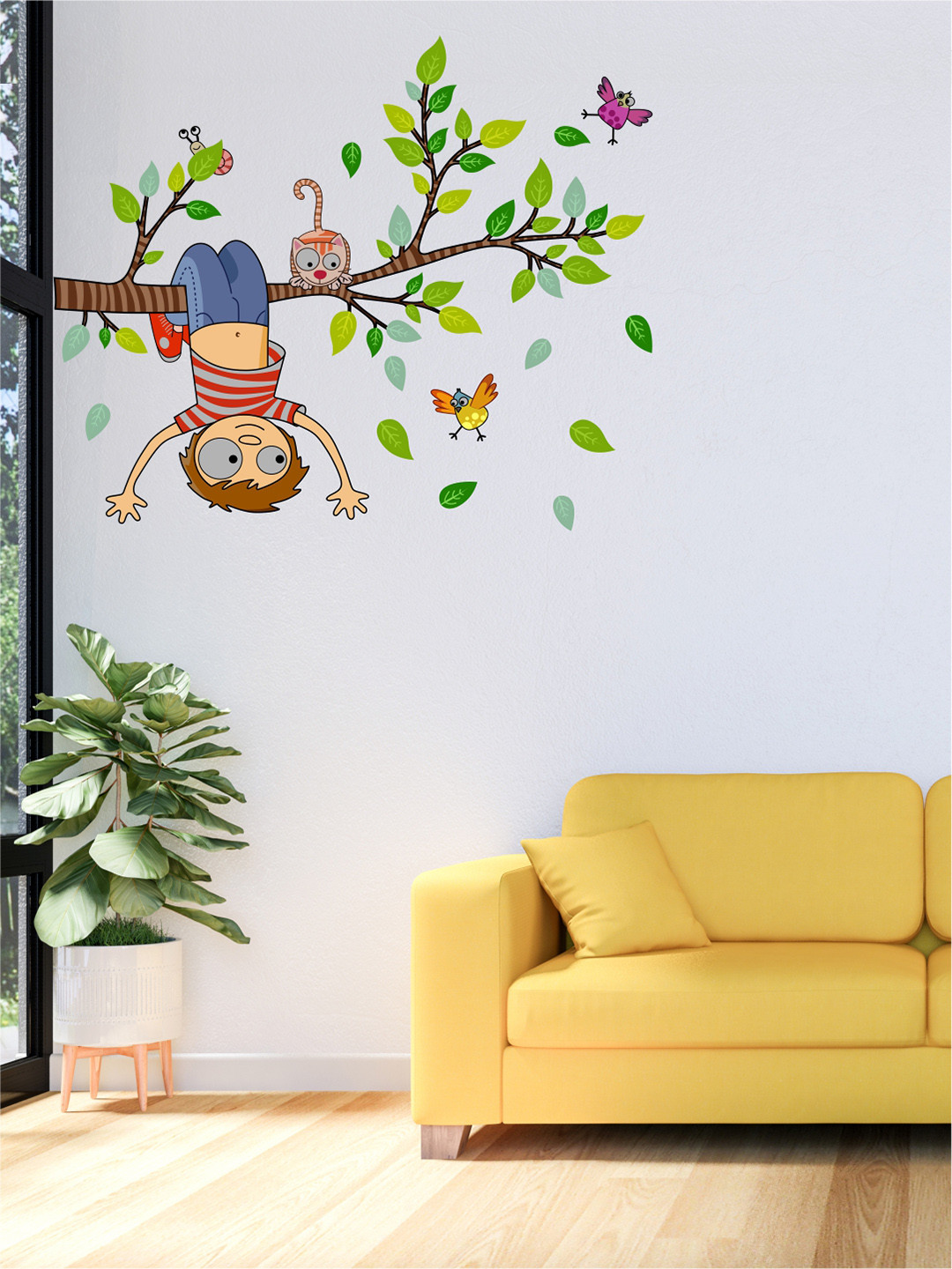 rawpockets Green Little boy Hanging On Tree PVC Vinyl Wall Sticker
