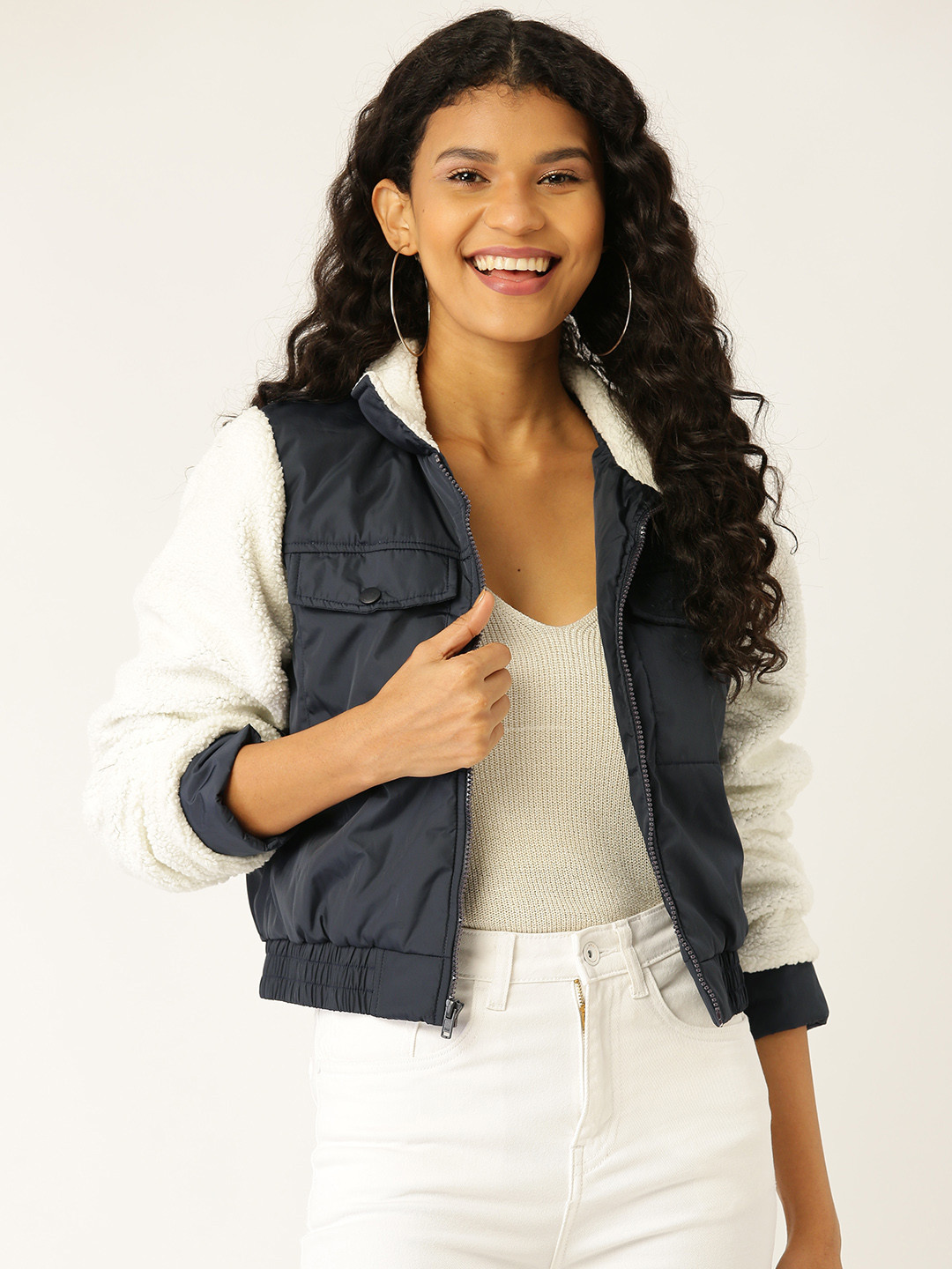 DressBerry Women Navy Blue Solid Bomber Jacket