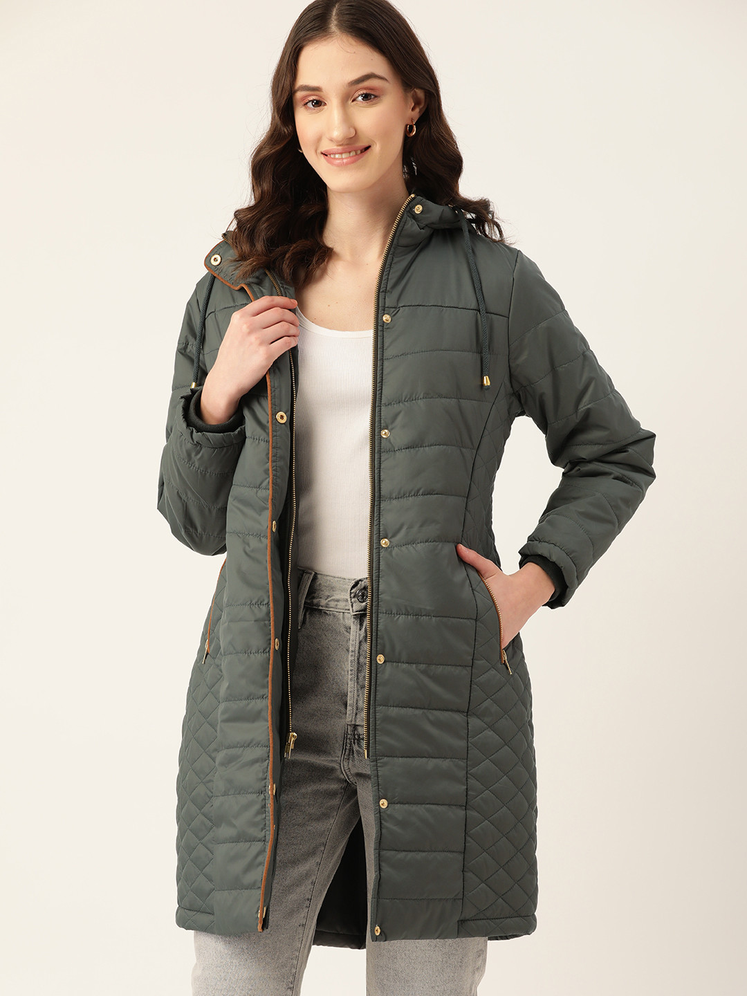 DressBerry Women Olive Green Quilted Longline Hooded Parka Jacket