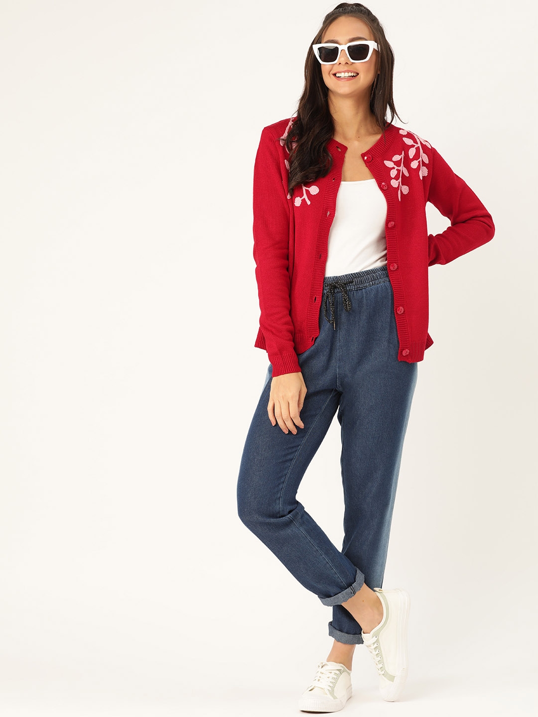 DressBerry Women Red & Pink Floral Embroidered Solid Cardigan - Sweaters for Women 11951746 | Myntra