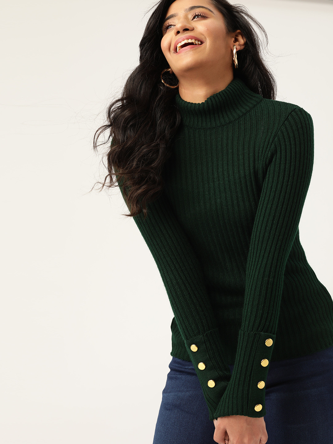 DressBerry Women Green Ribbed Pullover