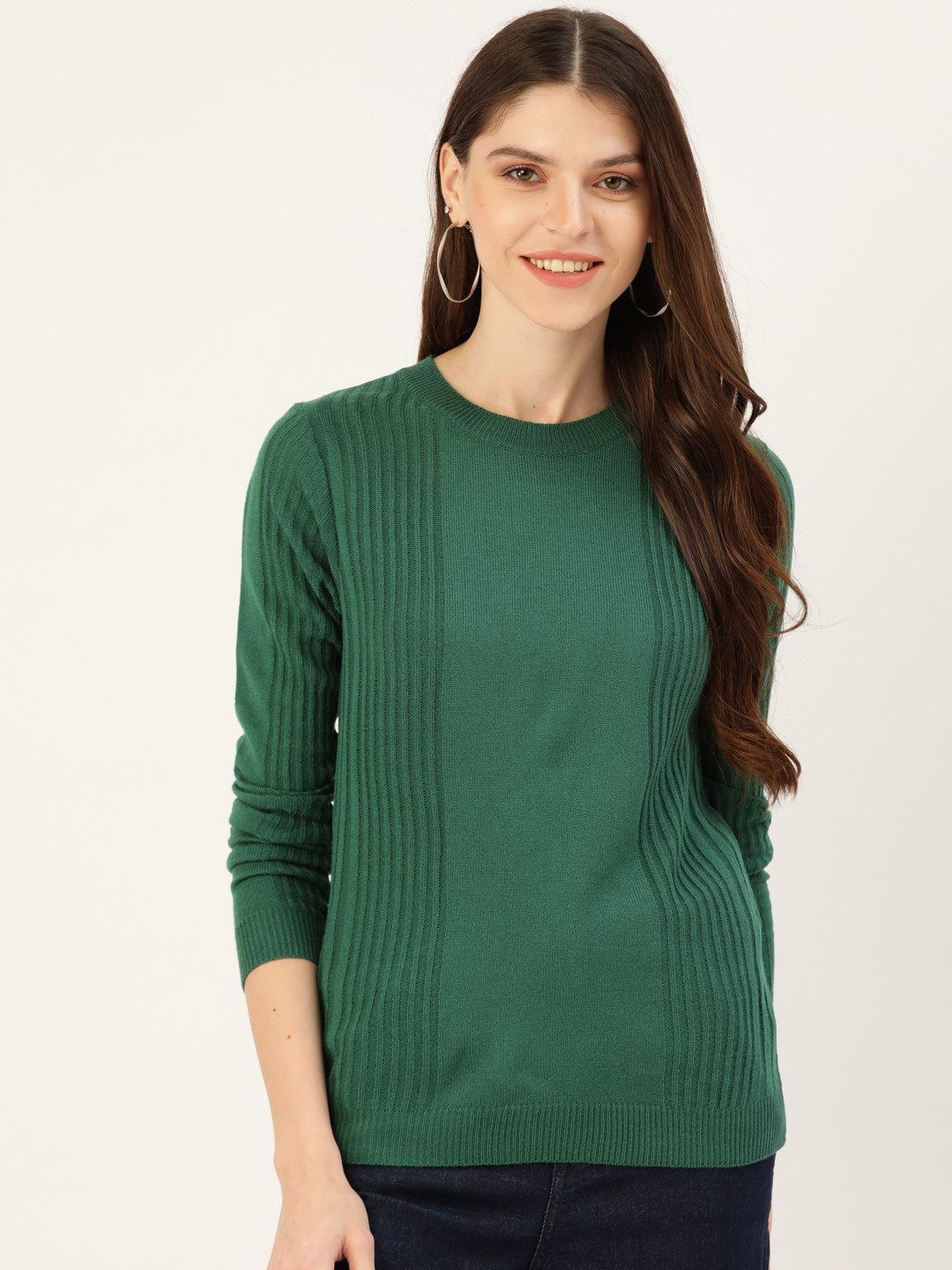 DressBerry Women Green Ribbed Pullover Sweater