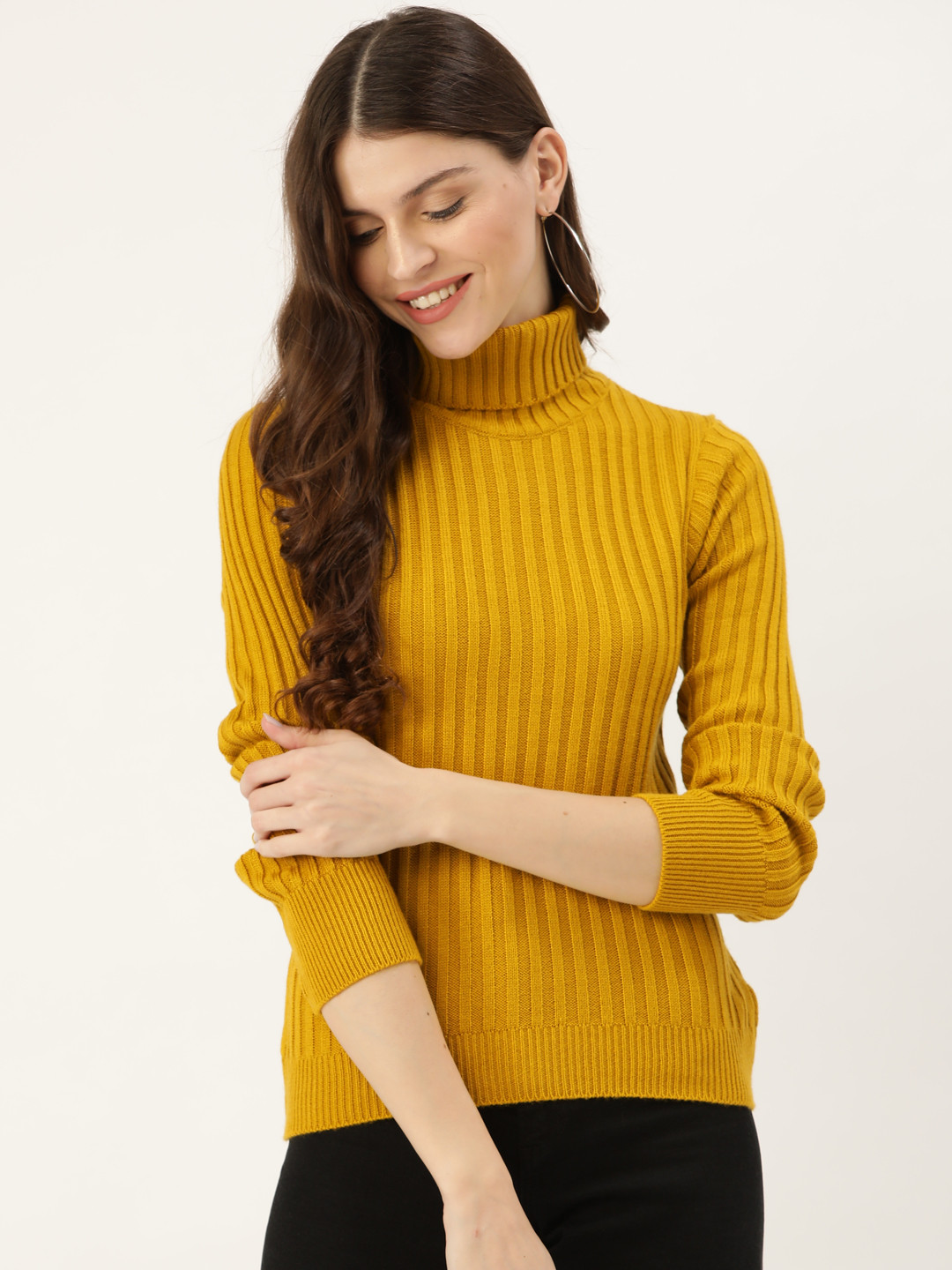 DressBerry Women Mustard Yellow Ribbed Pullover Sweater