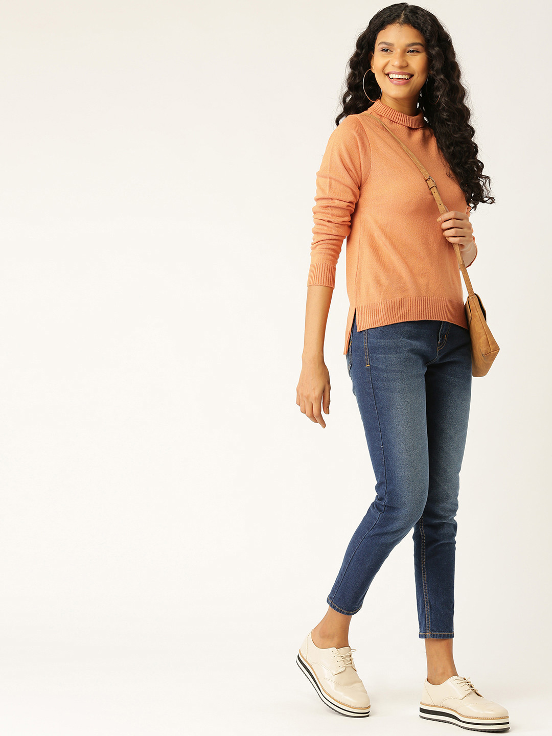 DressBerry Women Peach-Coloured Solid High-Low Pullover
