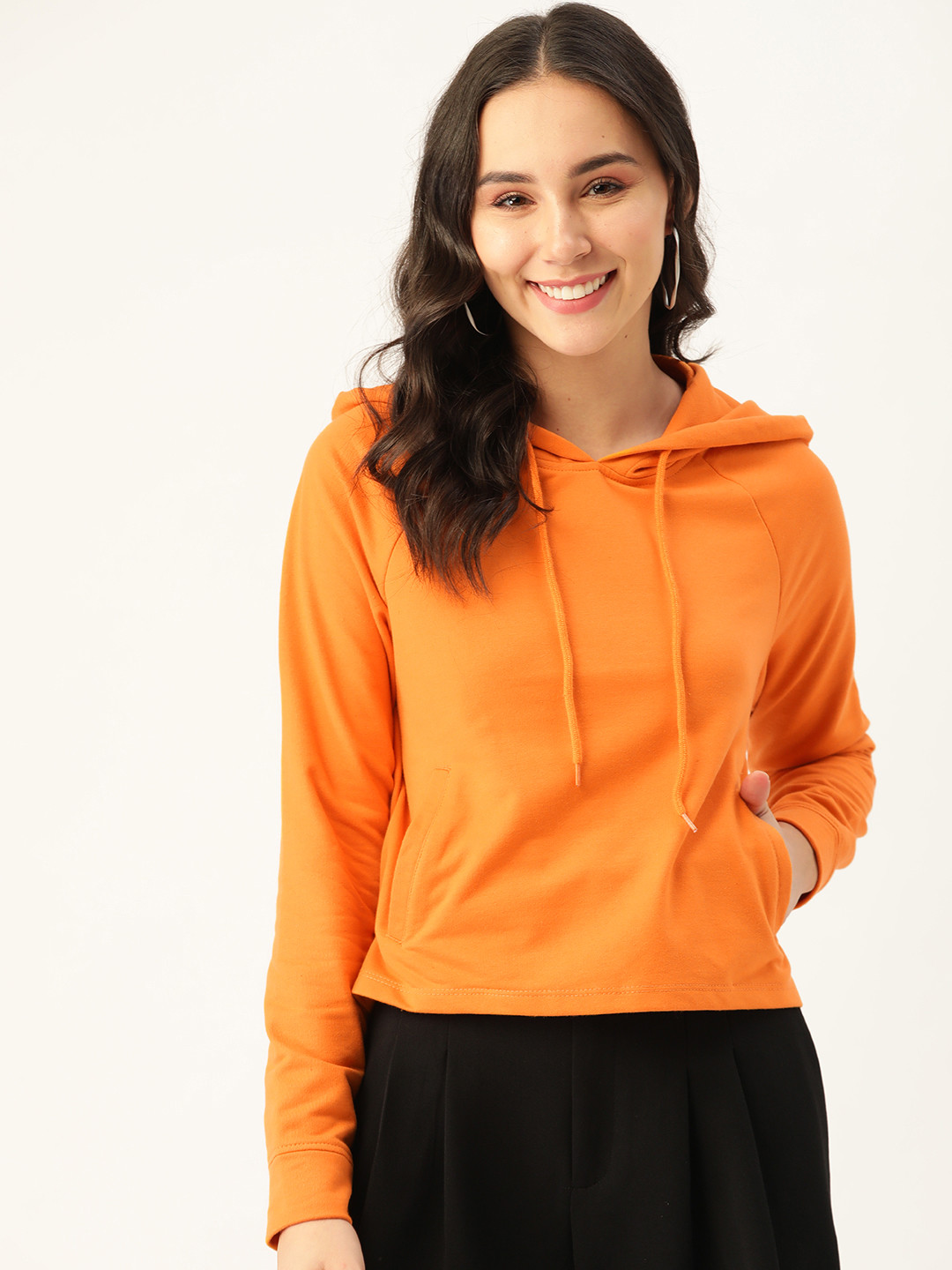 DressBerry Women Orange Solid Hooded Sweatshirt
