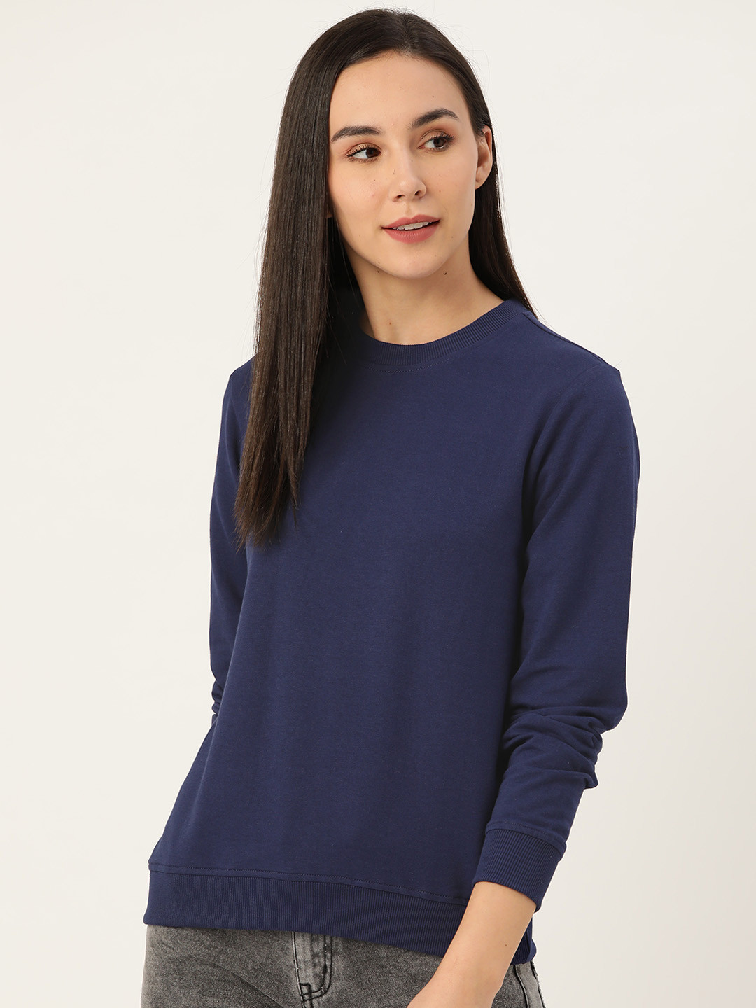 DressBerry Women Navy Blue Solid Sweatshirt