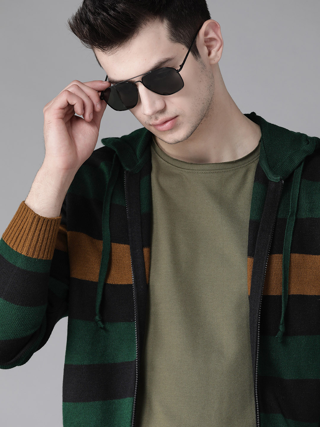 Roadster Men Green & Black Striped Hooded Cardigan