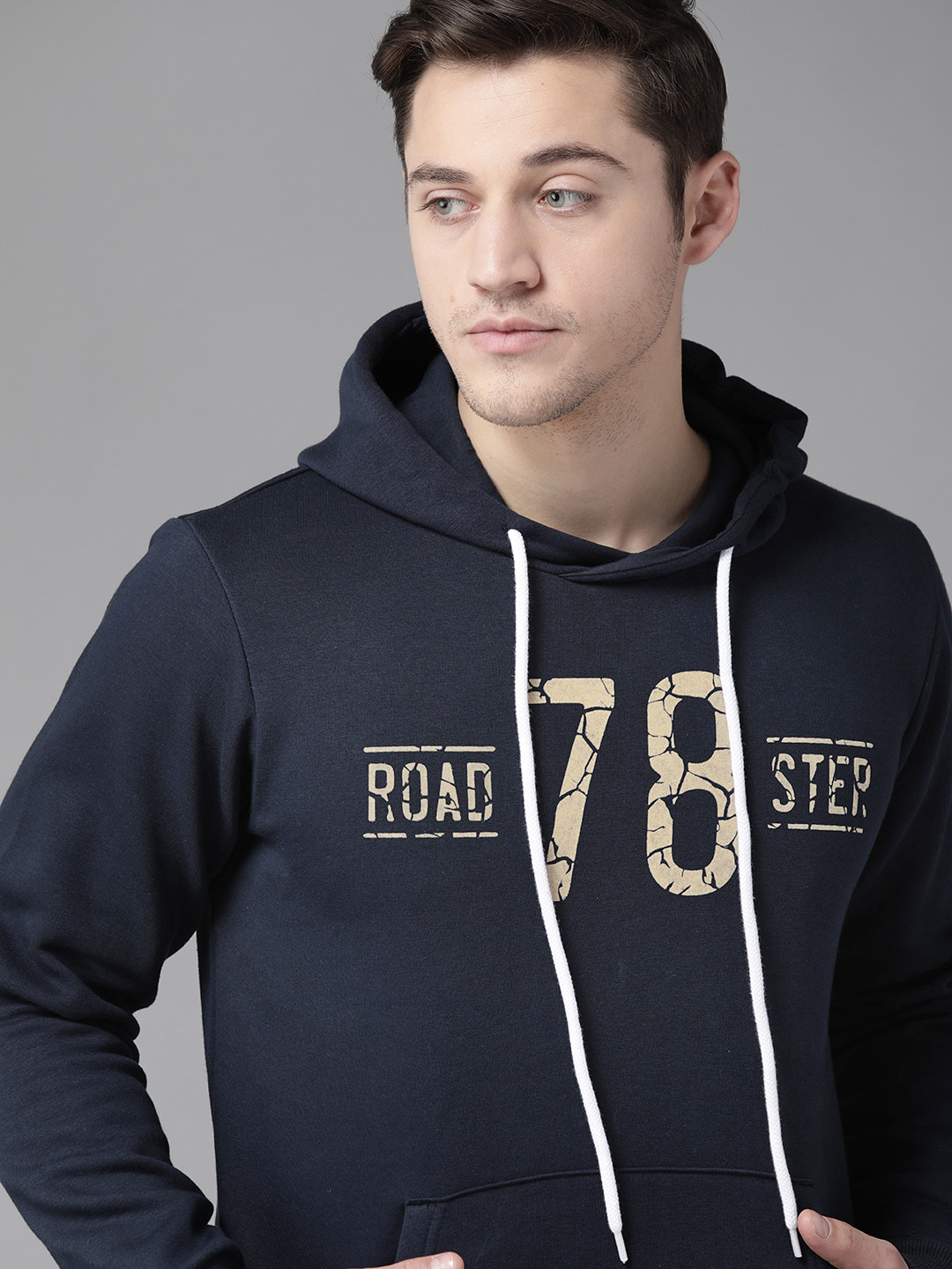Roadster Men Navy Blue & Cream-Coloured Printed Hooded Sweatshirt