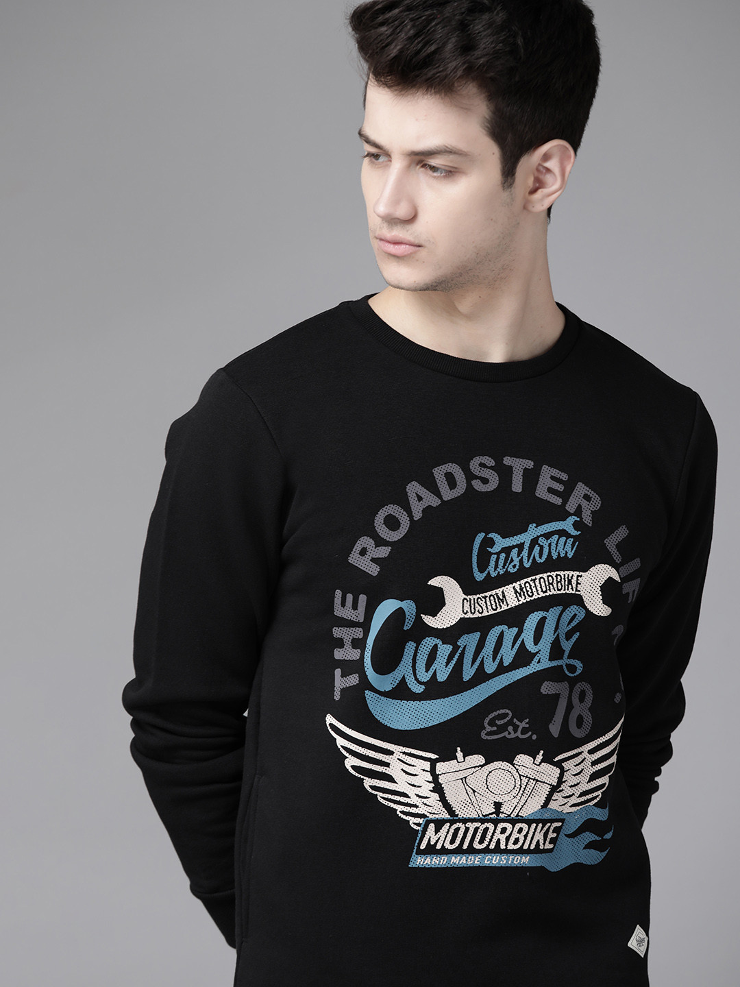 Roadster Men Black & Blue Alphanumeric and Graphic Print Sweatshirt