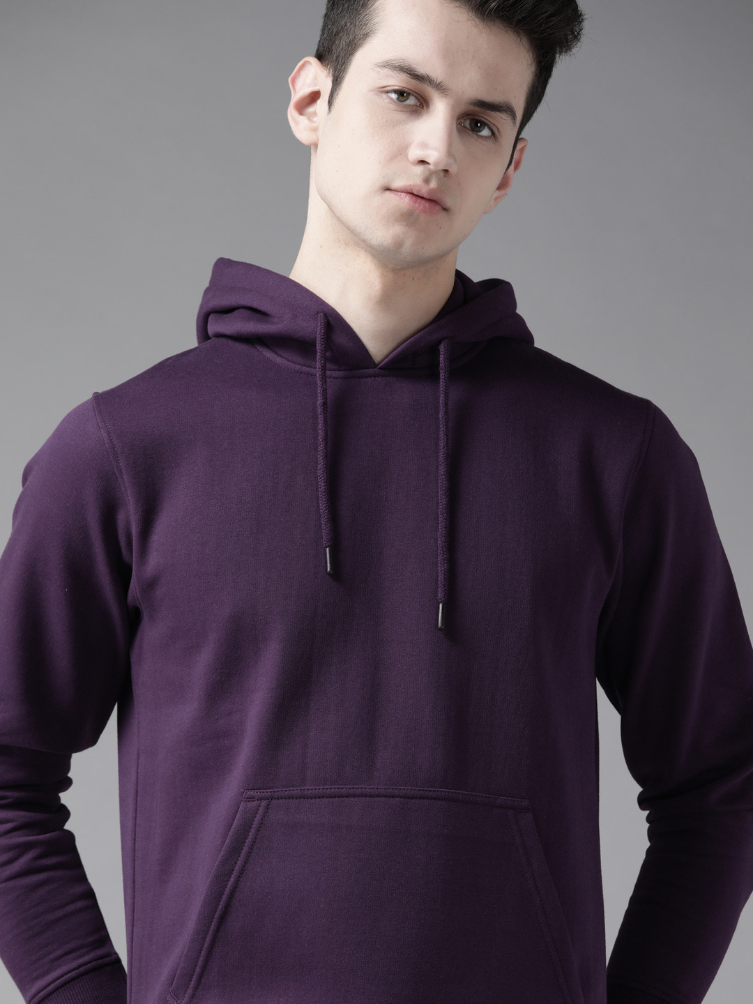 Roadster Men Purple Solid Hooded Sweatshirt