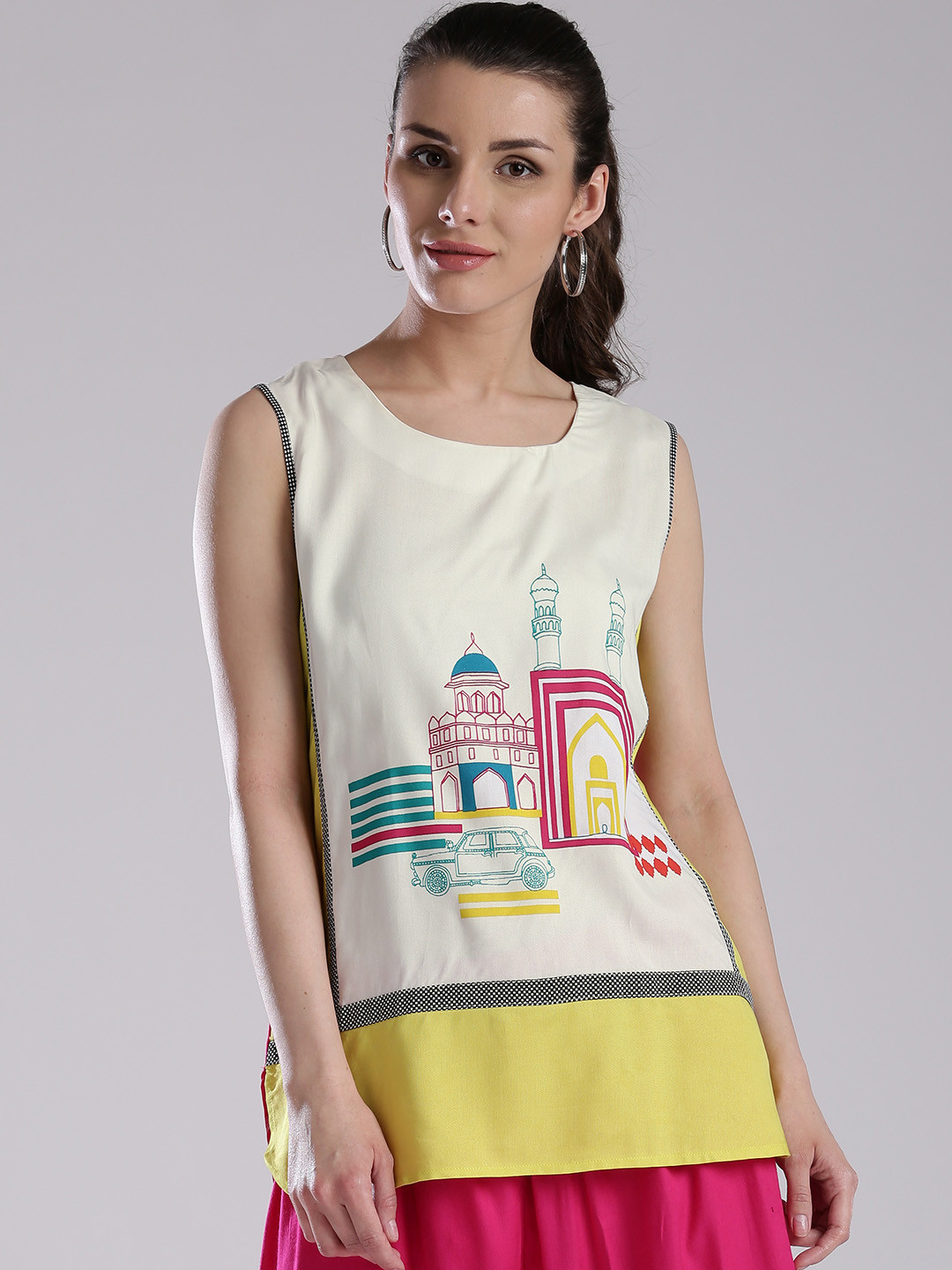 W Off-White & Pink Printed Kurti