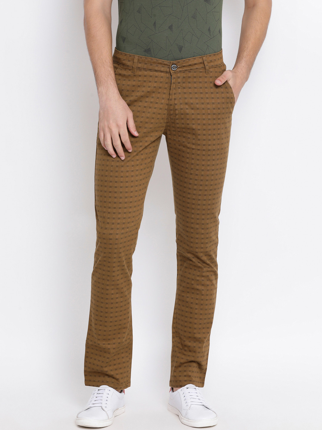 Crimsoune Club Men Brown Slim Fit Checked Regular Trousers