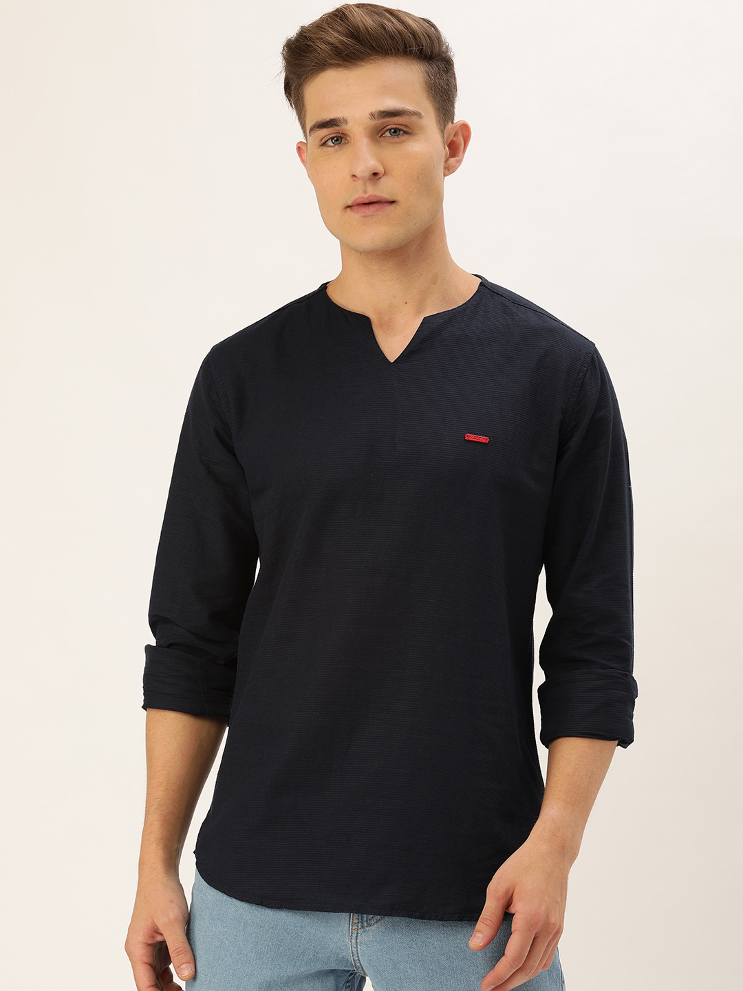 The Indian Garage Co Men Navy Blue Solid Straight Kurta