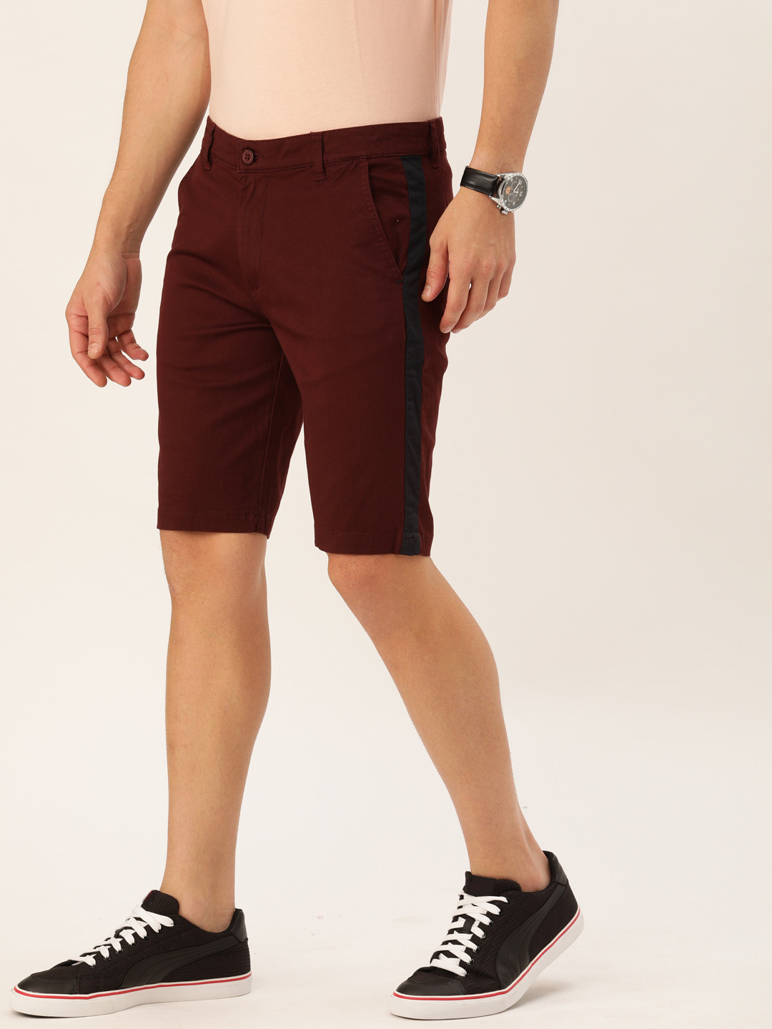 The Indian Garage Co Men Burgundy Solid Slim Fit Chino Shorts with Side Stripe Detail