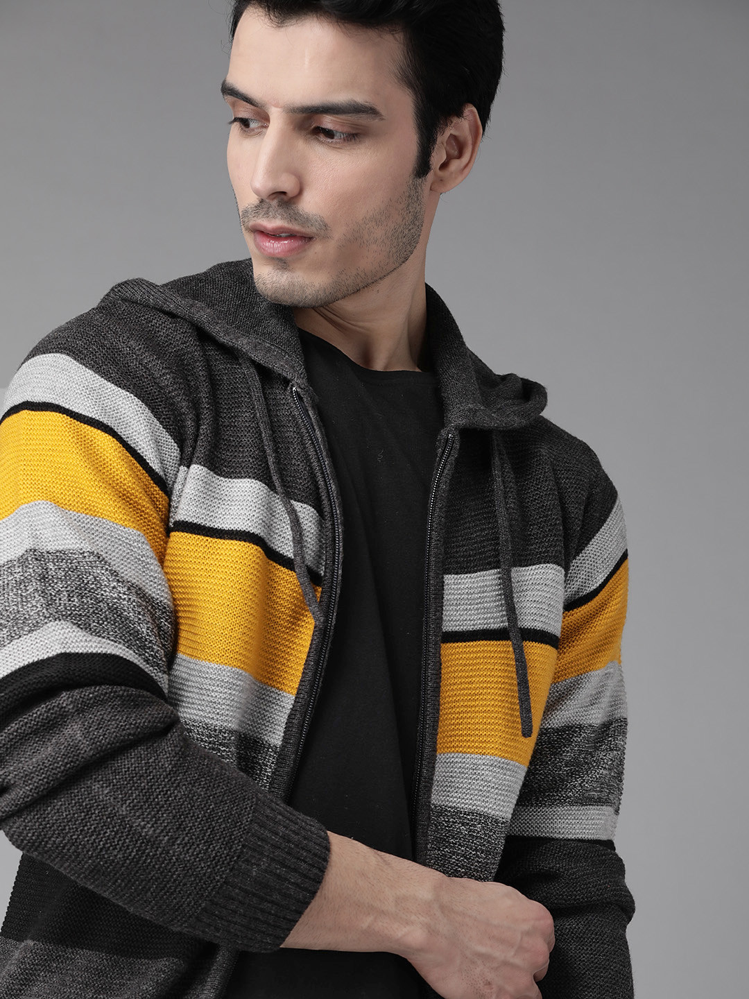 Roadster Men Grey & Mustard Yellow Colourblocked Hooded Sweatshirt