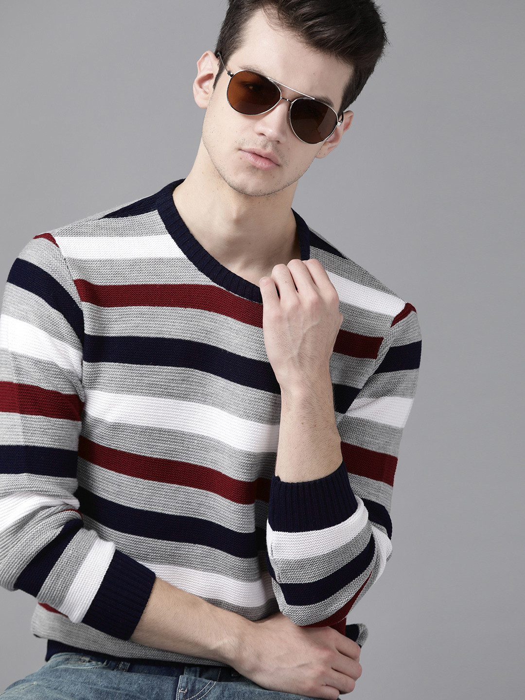 Roadster Men Grey & Navy Striped Pullover
