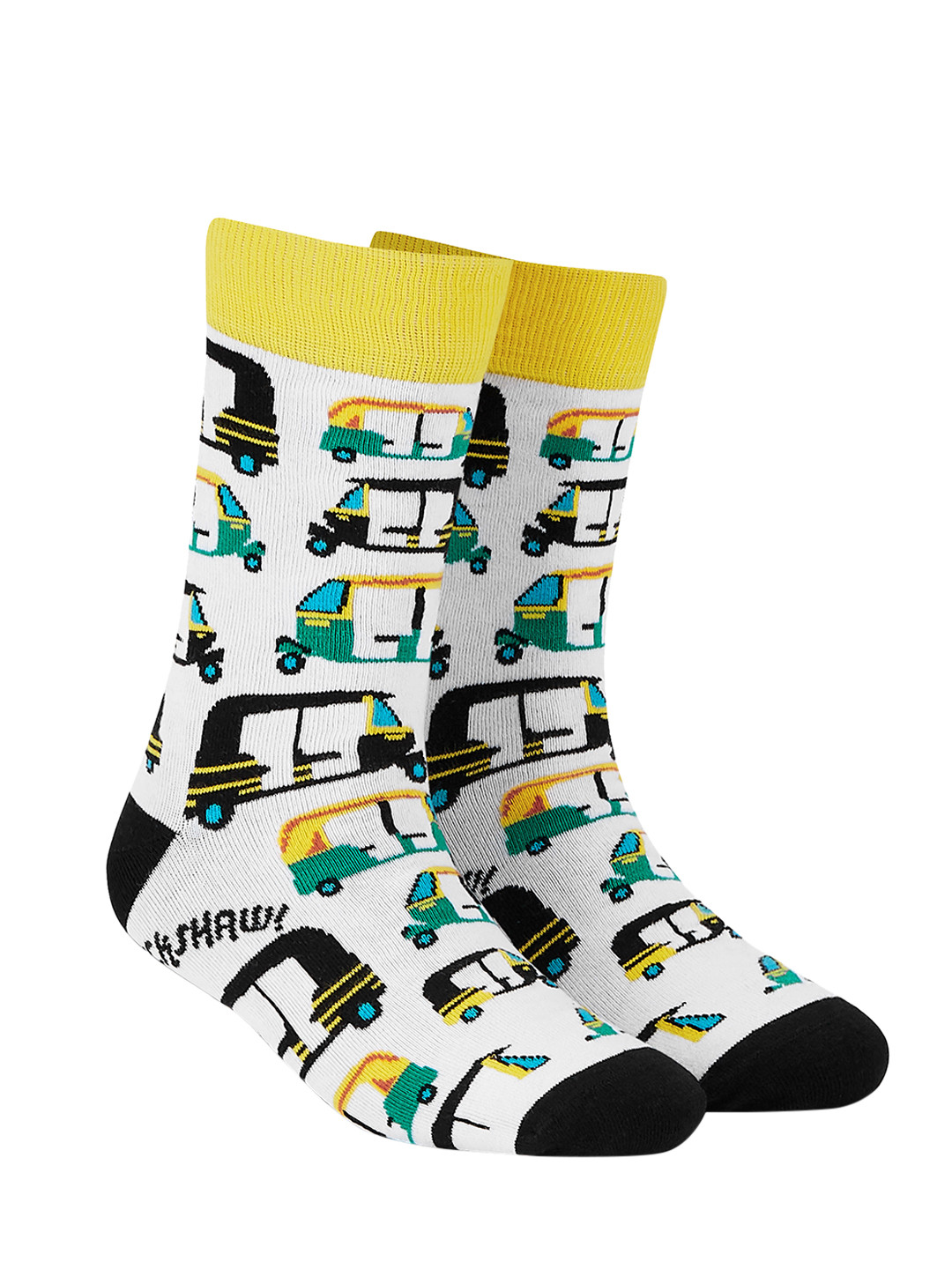 Dynamocks Unisex White & Black Patterned Rickshaw Calf-Length Socks