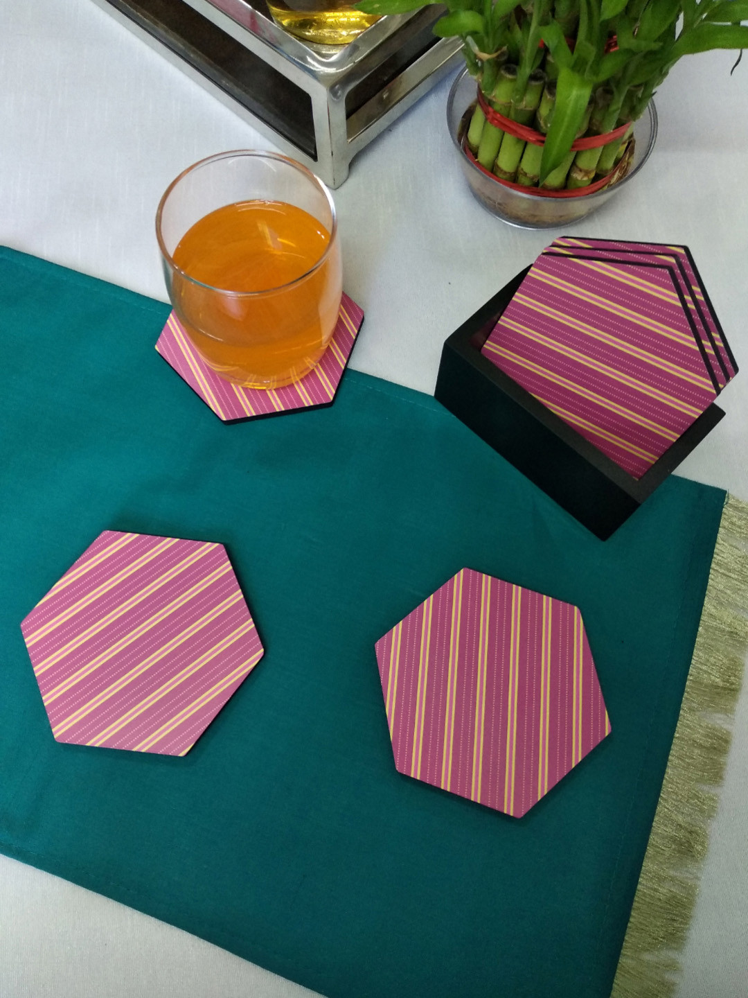 CRAYTON Set of 6 Pink & Yellow Striped MDF Coasters With Holder