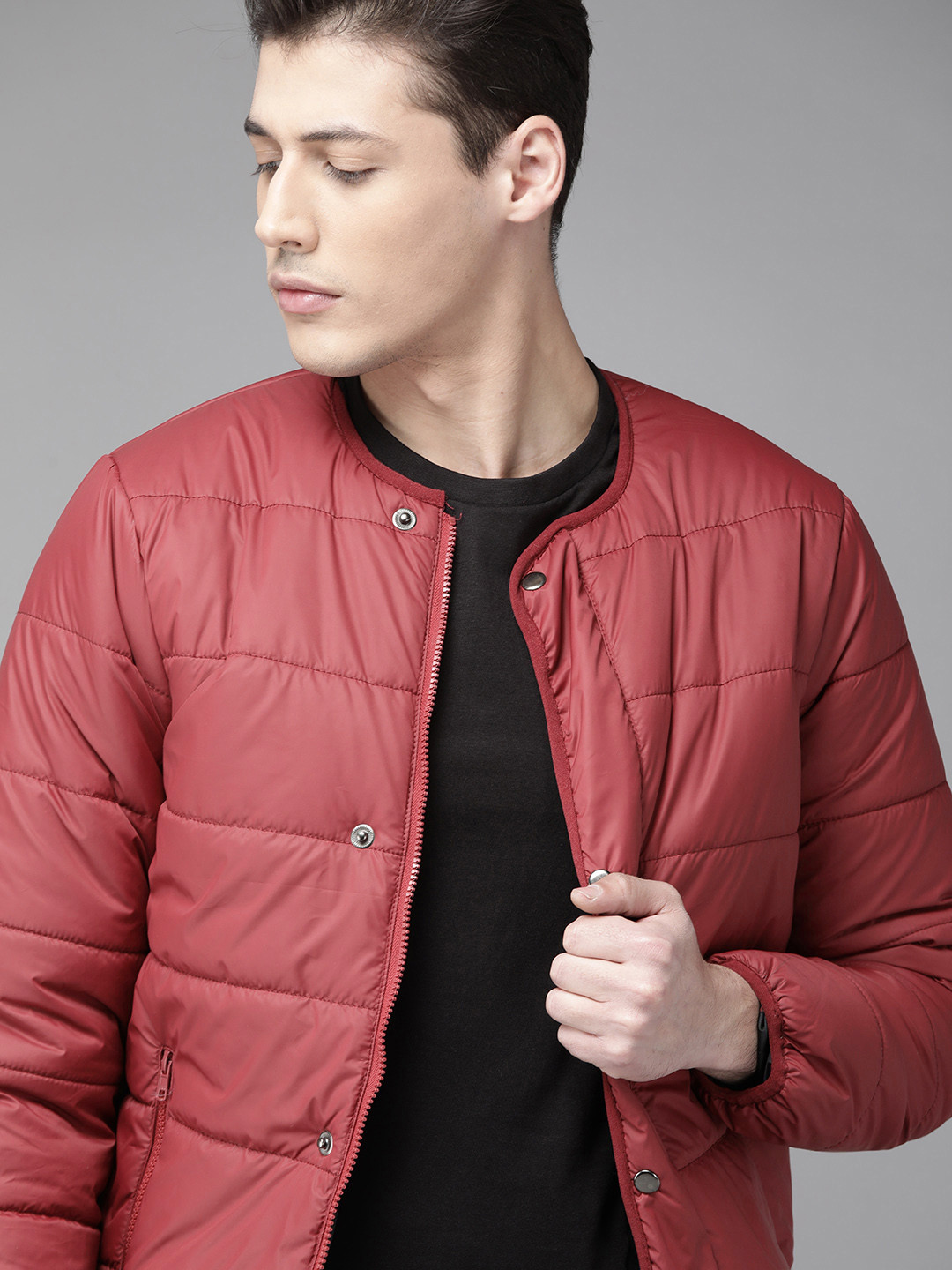 Roadster Men Corel Red Soft Padded Collarless Jacket