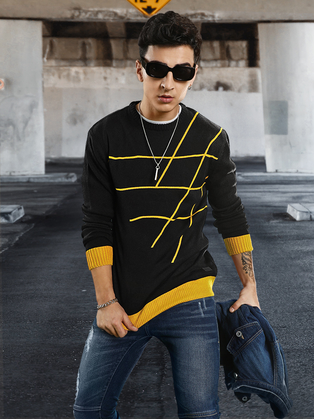 Roadster Men Navy Blue & Mustard Yellow Self-Design Pullover