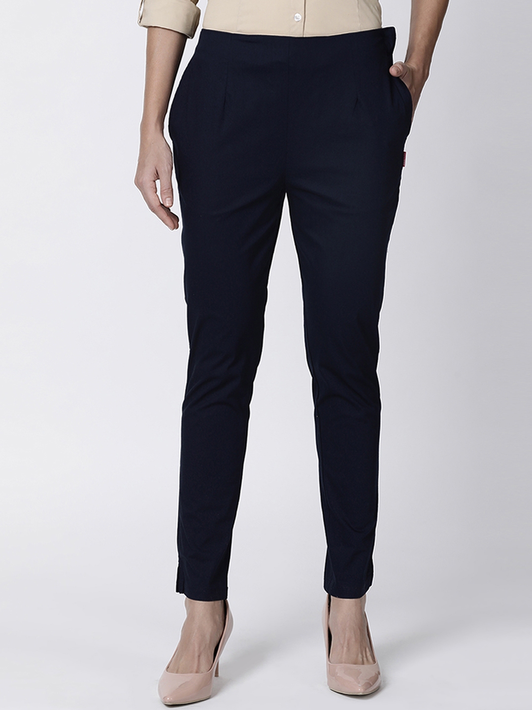 TWIN BIRDS Women Navy Blue Straight Fit Solid Cigarette Trousers