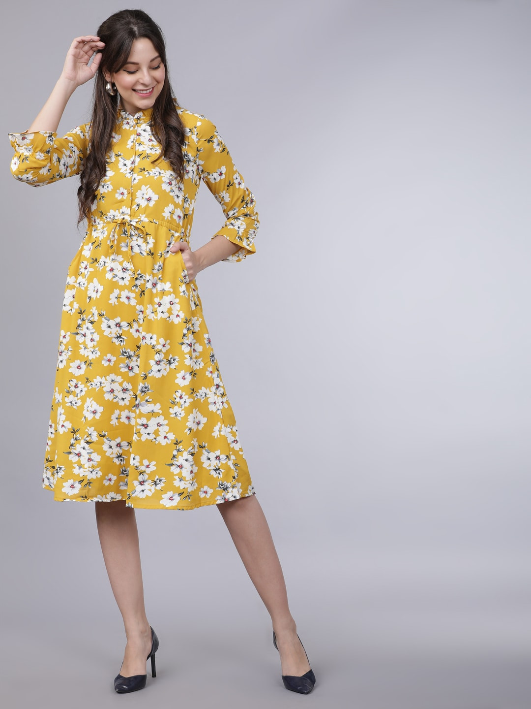 Tokyo Talkies Women Mustard Yellow & White Floral Printed Fit and Flare Dress