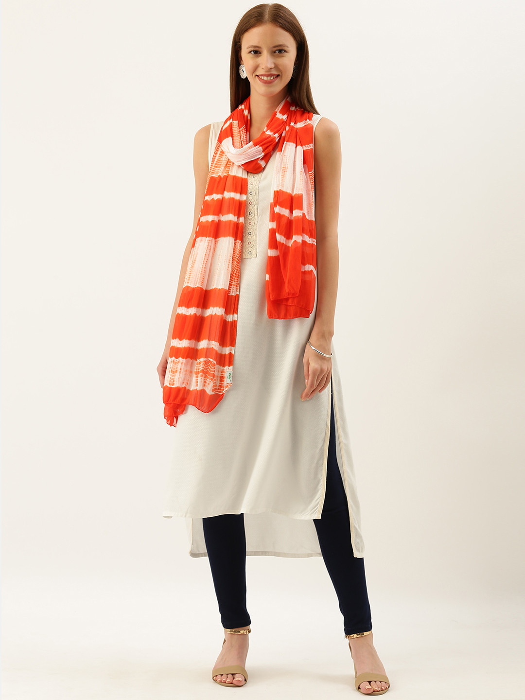 Shaily Orange & White Leheriya Printed Shibori Dupatta