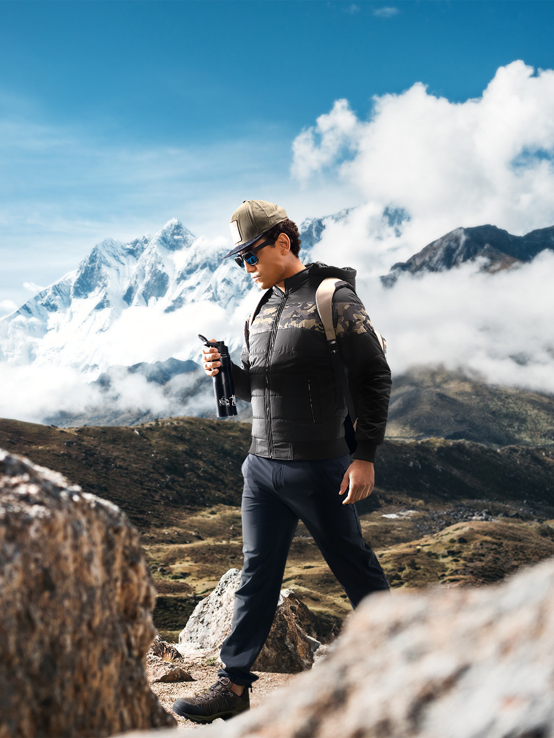 Roadster Men Black & Olive Green Camouflage Printed Hooded Bomber Jacket