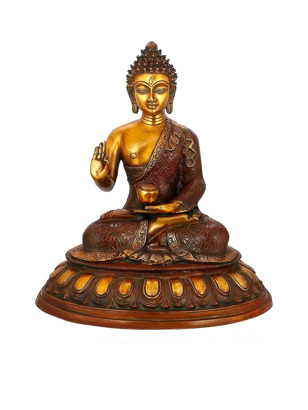 CraftVatika Tibetan Abhaya Buddha Gold Brass Metallic Living Room Large Showpiece - 16 Inches
