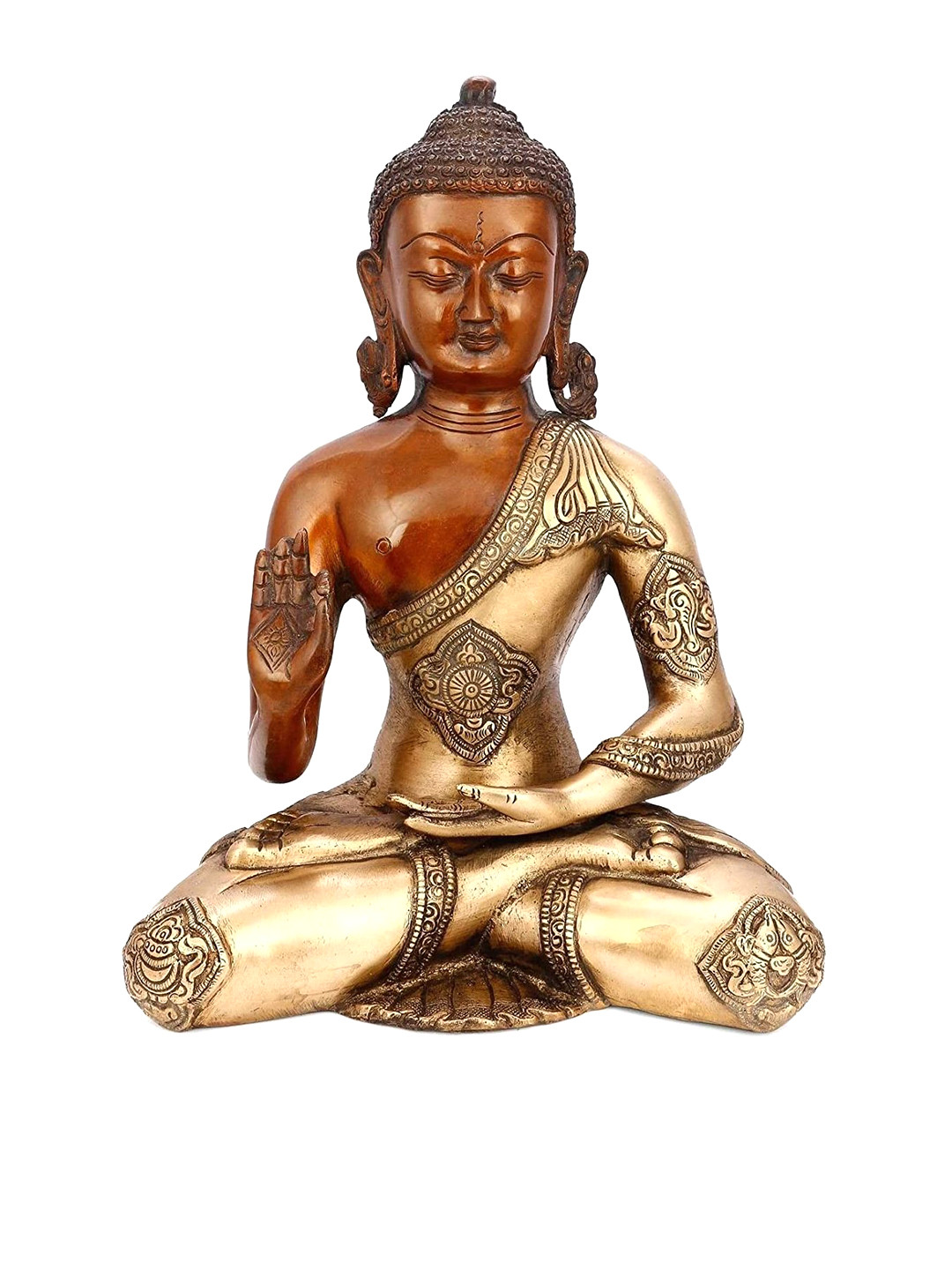 CraftVatika Tibetan Abhaya Buddha Gold Brass Metallic Living Room Medium Showpiece - 12 Inches