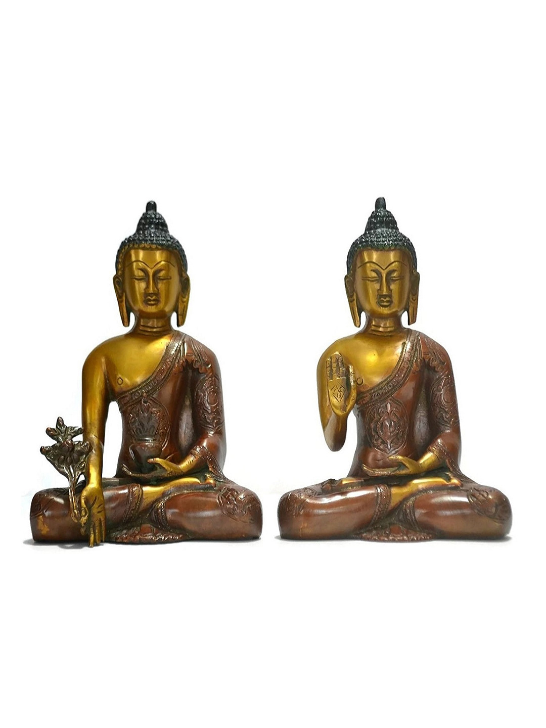 CraftVatika Abhaya Buddha Gold Brass Metallic Living Room Set of 2 Small Showpieces - 8 Inches
