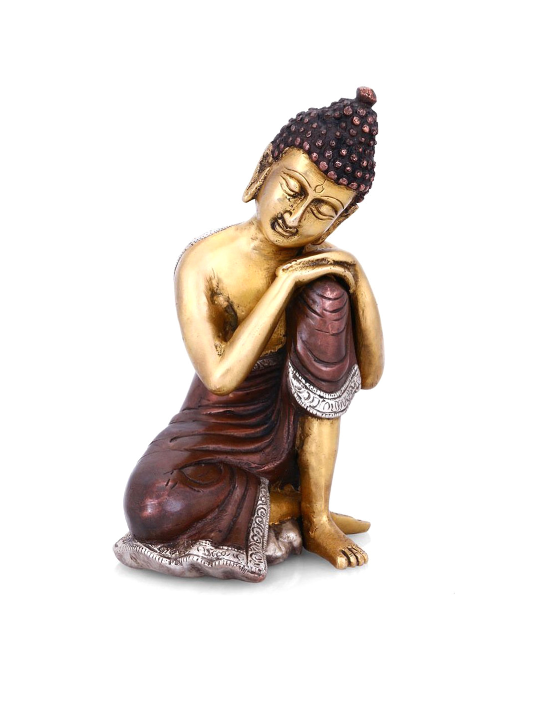 CraftVatika Thinking Buddha Gold Brass Metallic Prayer Room Medium Showpiece - 7.5 Inches