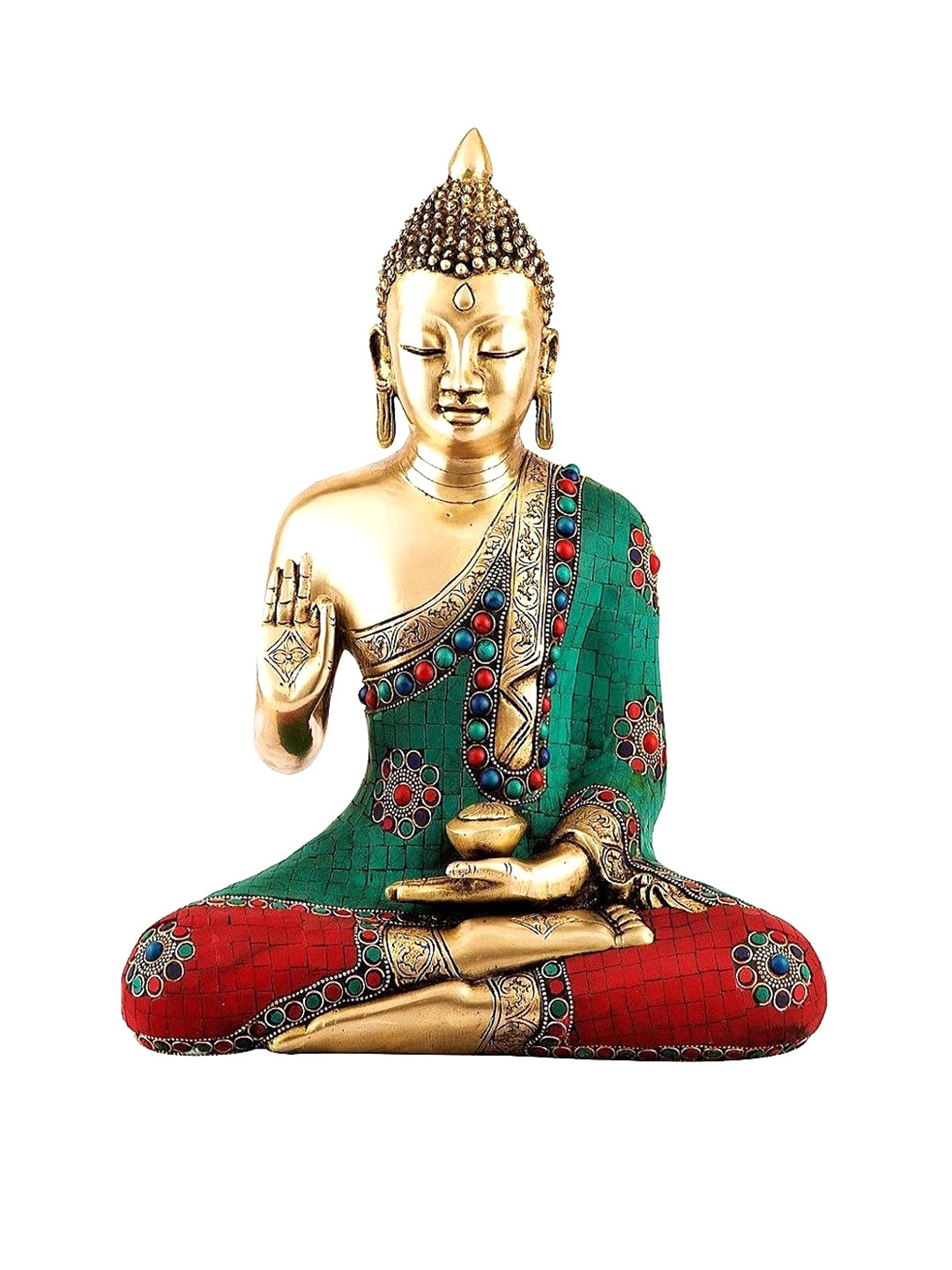 CraftVatika Abhaya Mudra Buddha Gold Brass Metallic Home Office Medium Showpiece - 15 Inches