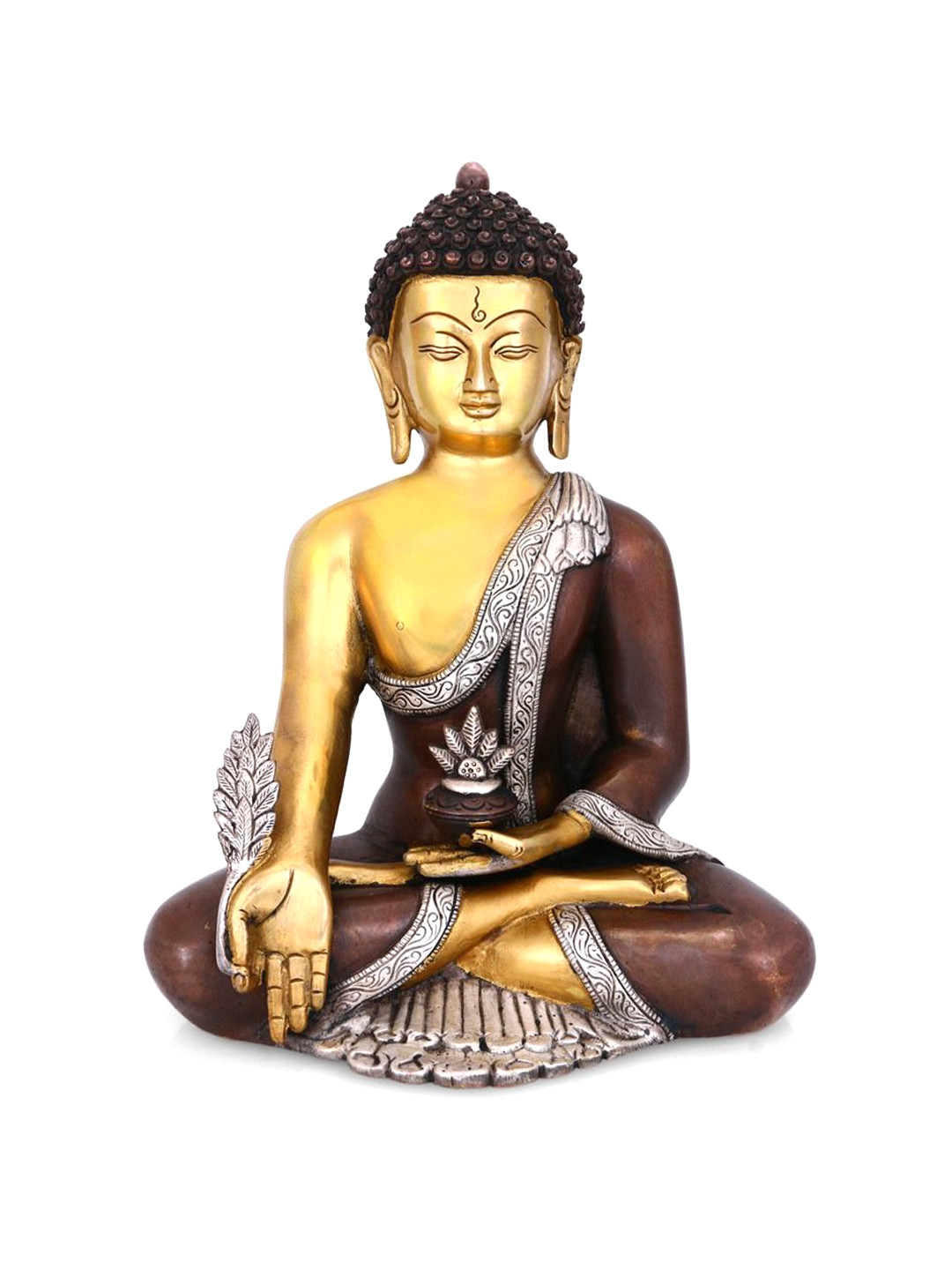 CraftVatika Ashtmangal Medicine Sakyamuni Buddha Gold Bronze Metallic Prayer Room Medium Showpiece - 12.5 Inches