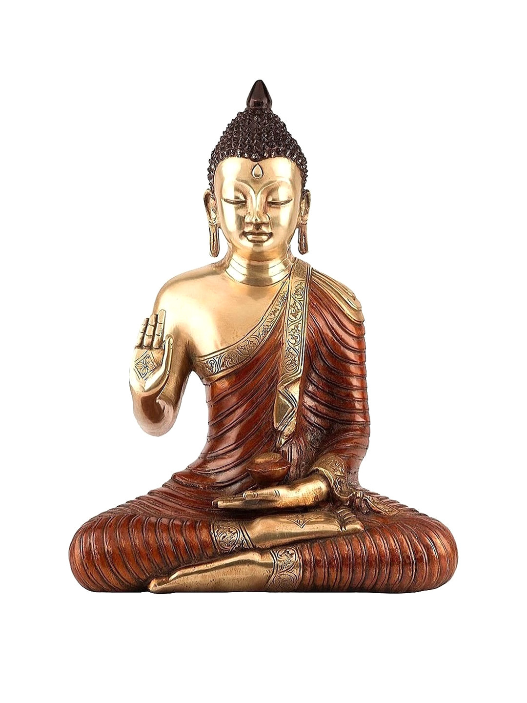 CraftVatika Abhaya Blessing Buddha Gold Brass Metallic Home Office Medium Showpiece - 15 Inches