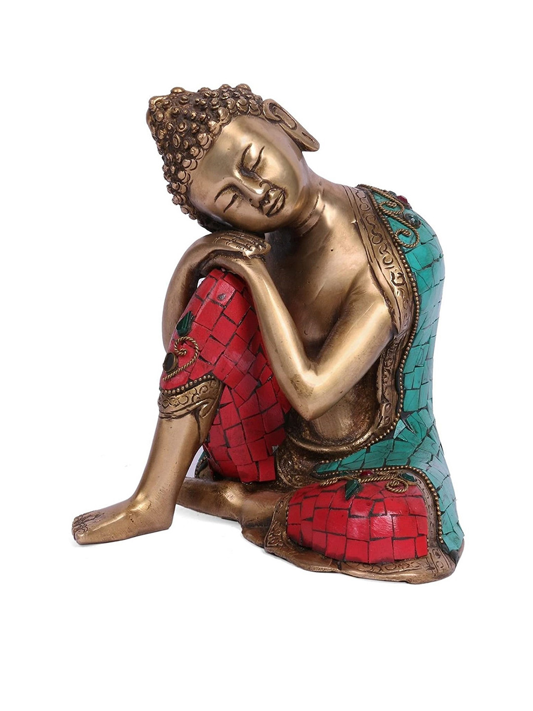 CraftVatika Resting Buddha Gold Brass Metallic Prayer Room Small Showpiece - 7.5 Inches