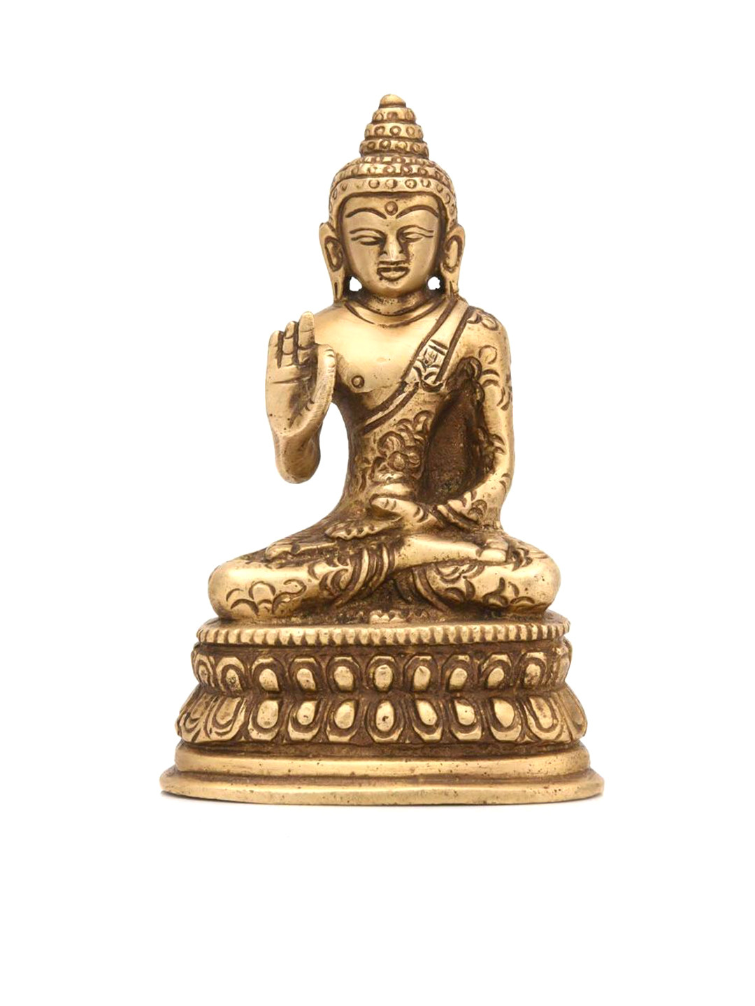 CraftVatika Blessing Buddha Gold Brass Metallic Prayer Room Small Showpiece - 4.5 Inches