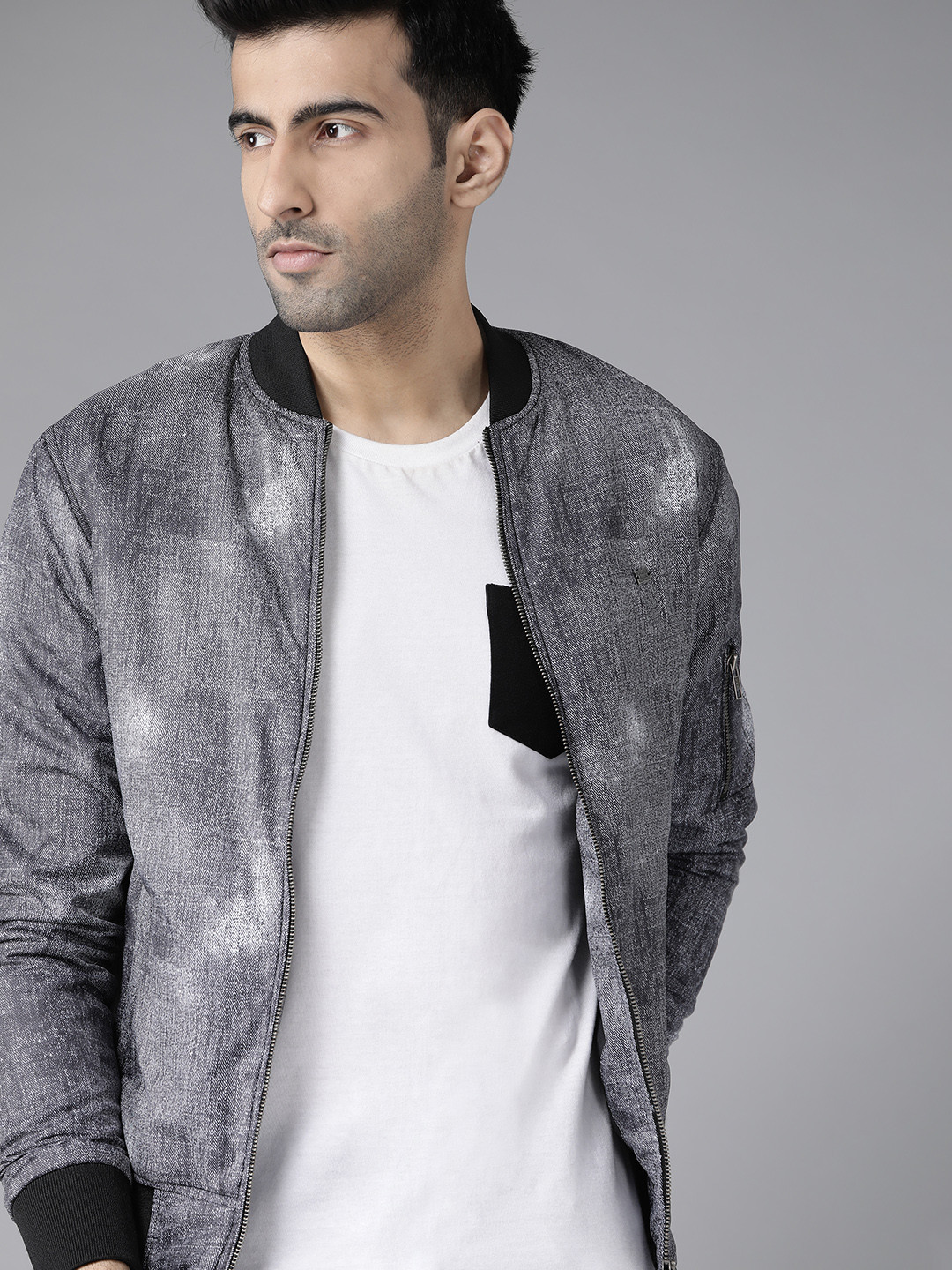 Roadster Men Charcoal Grey & Off-White Printed Bomber Jacket