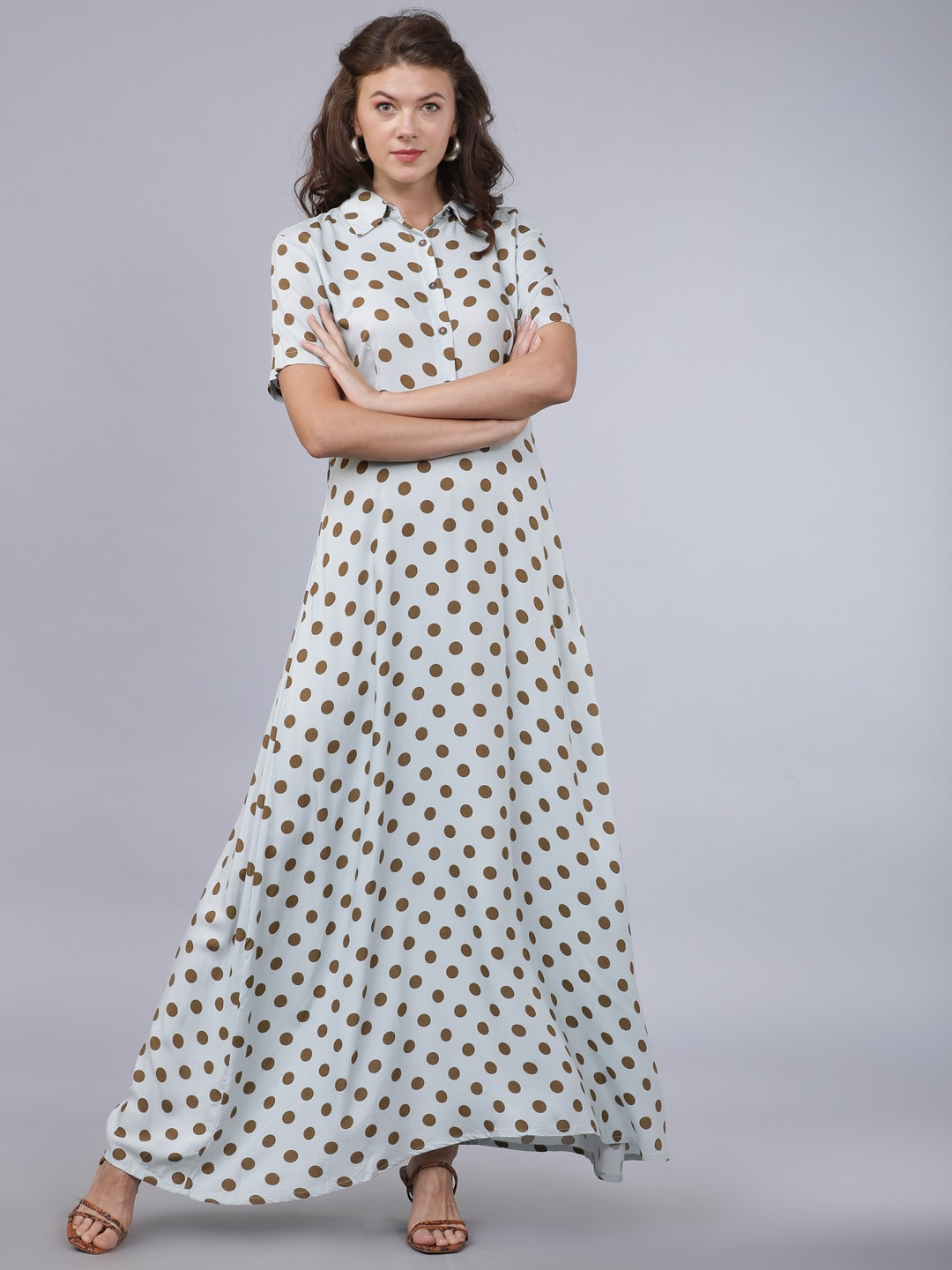 Tokyo Talkies Women Blue & Brown Polka Dot Printed Maxi Dress