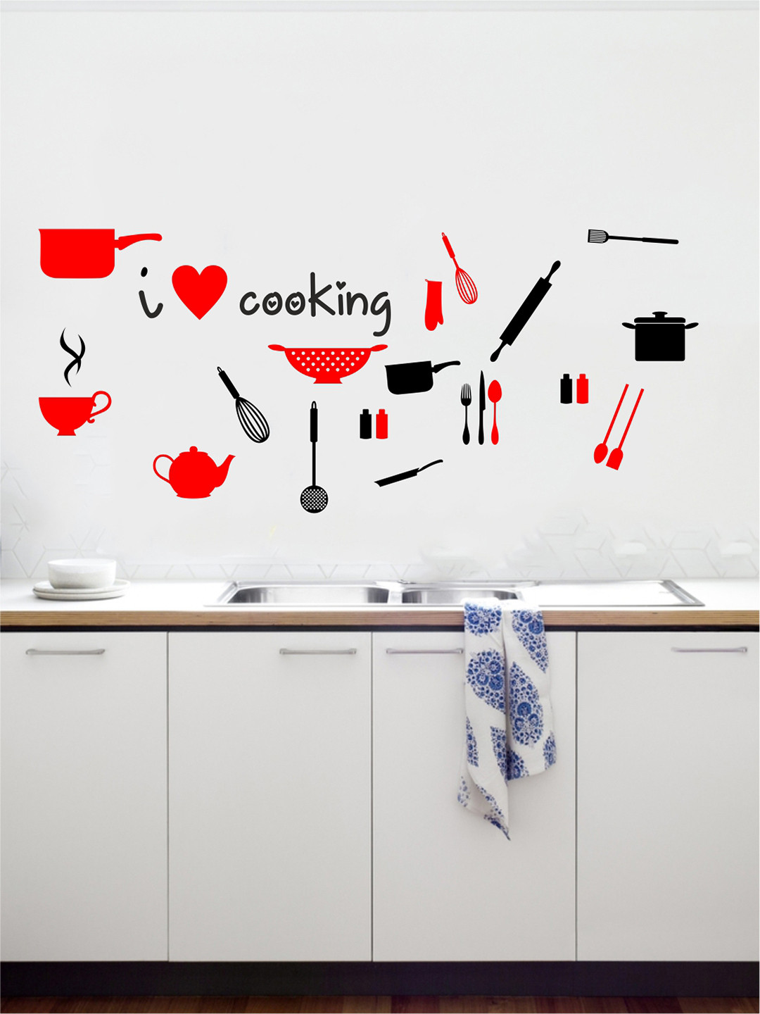 rawpockets Multicolour PVC Printed I Love Cooking Wall Sticker 55x130