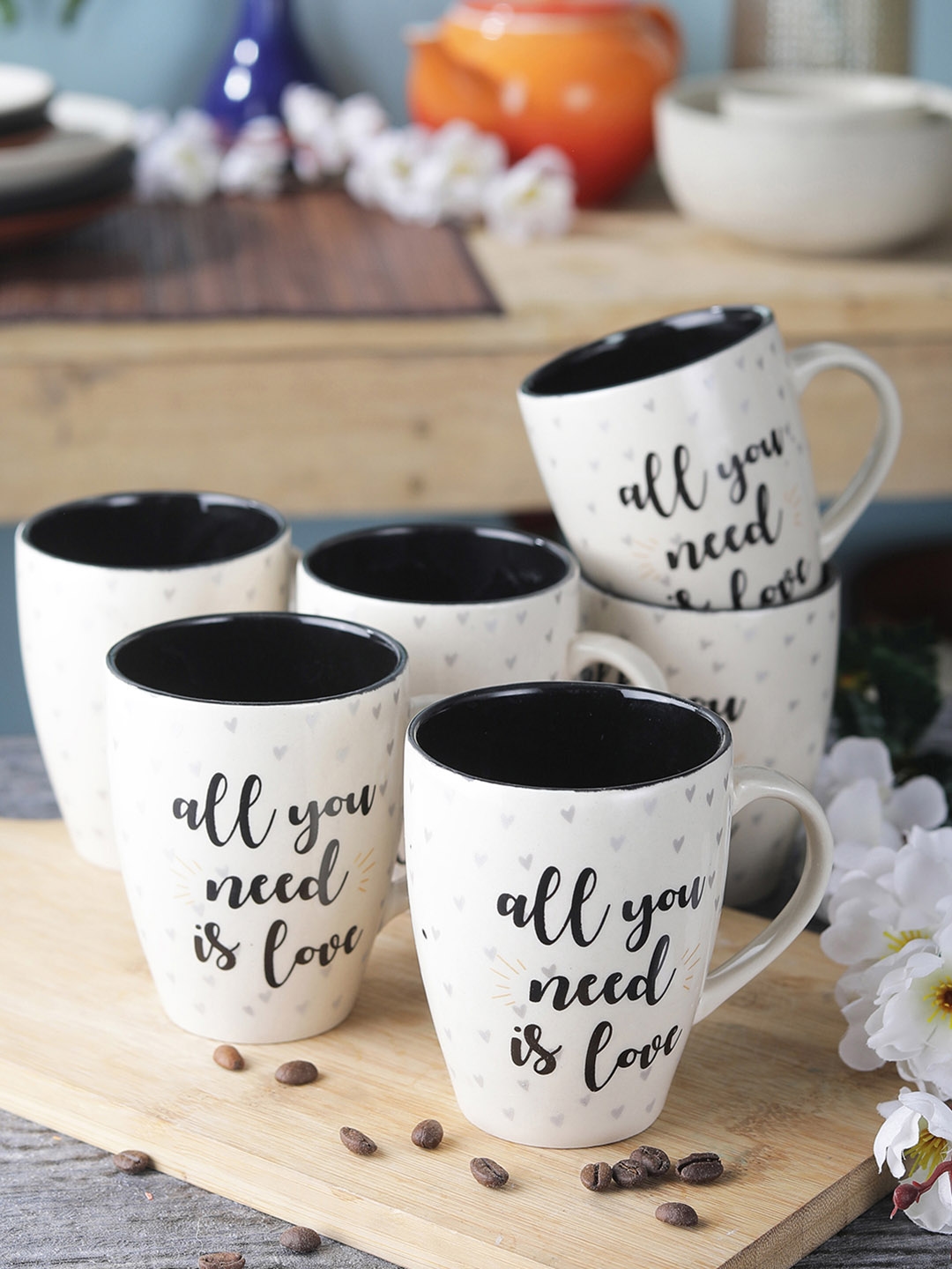 CDI Set Of 6 White   Black All You Need Is love Print Ceramic Coffee Mugs