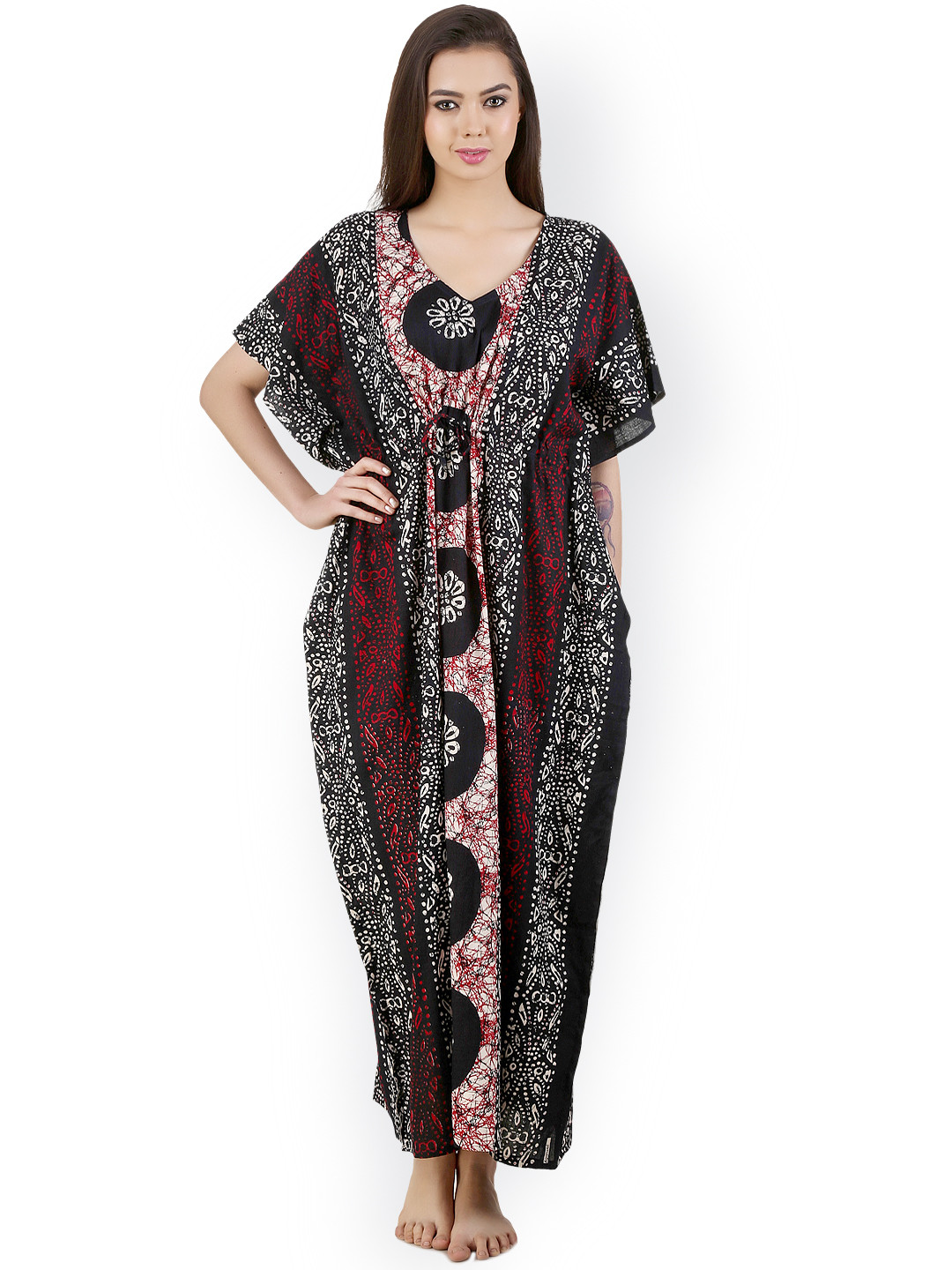 Masha Black & Maroon Printed Maxi Nightdress NT-A73-638